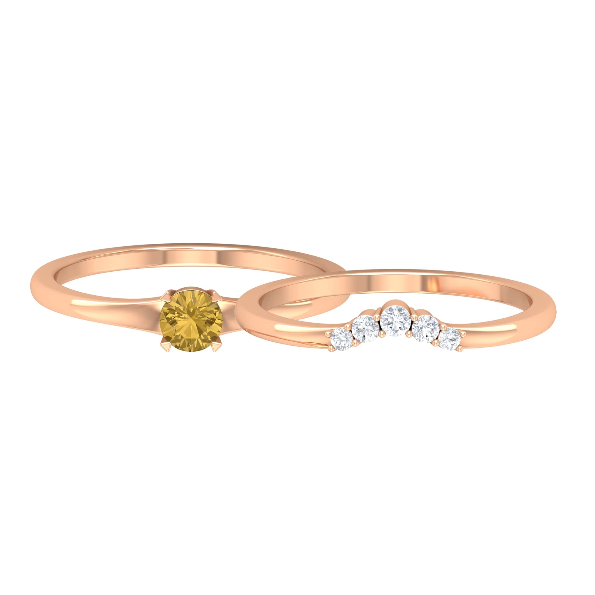 1/2 CT Citrine and Diamond Ring - 4mm Solitaire Minimalist Wedding Band Set in 14K Solid Gold for Bridal, Engagement & Anniversary Gifts | Elegant Jewelry for Everyday Wear & Special Occasions