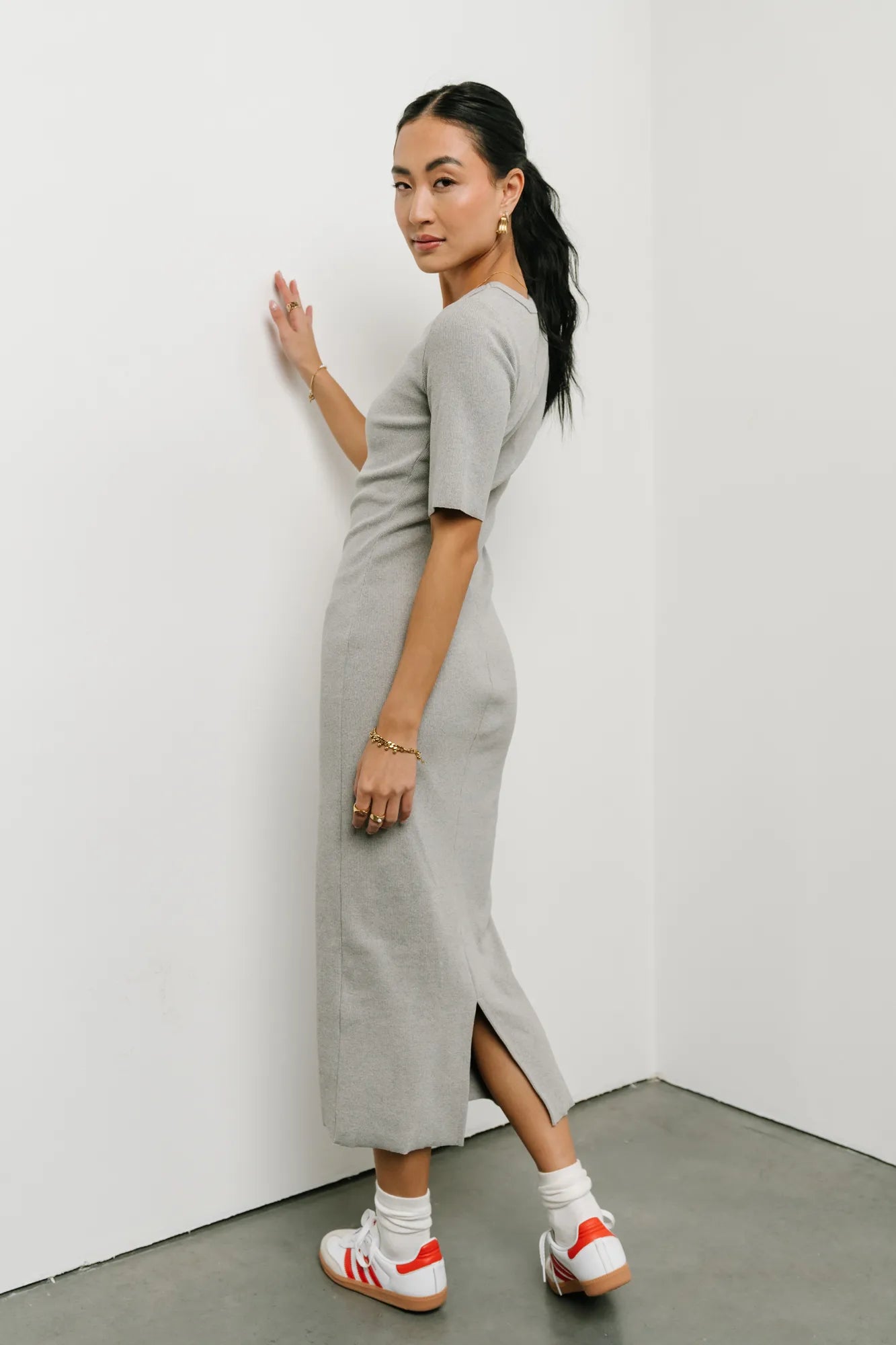 Lori Ribbed Dress in Grey - Women's Slim Fit Knit Midi Dress for Casual & Office Wear | FINAL SALE