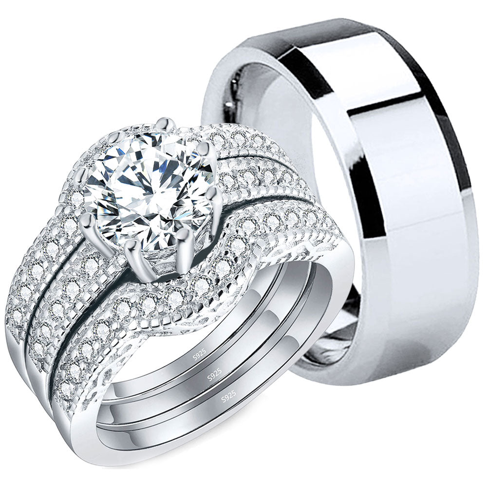 MABELLA Couple Wedding Rings Set - Her CZ Sterling Silver Engagement Ring & His Stainless Steel Band - Perfect for Anniversaries, Proposals, and Romantic Gifts
