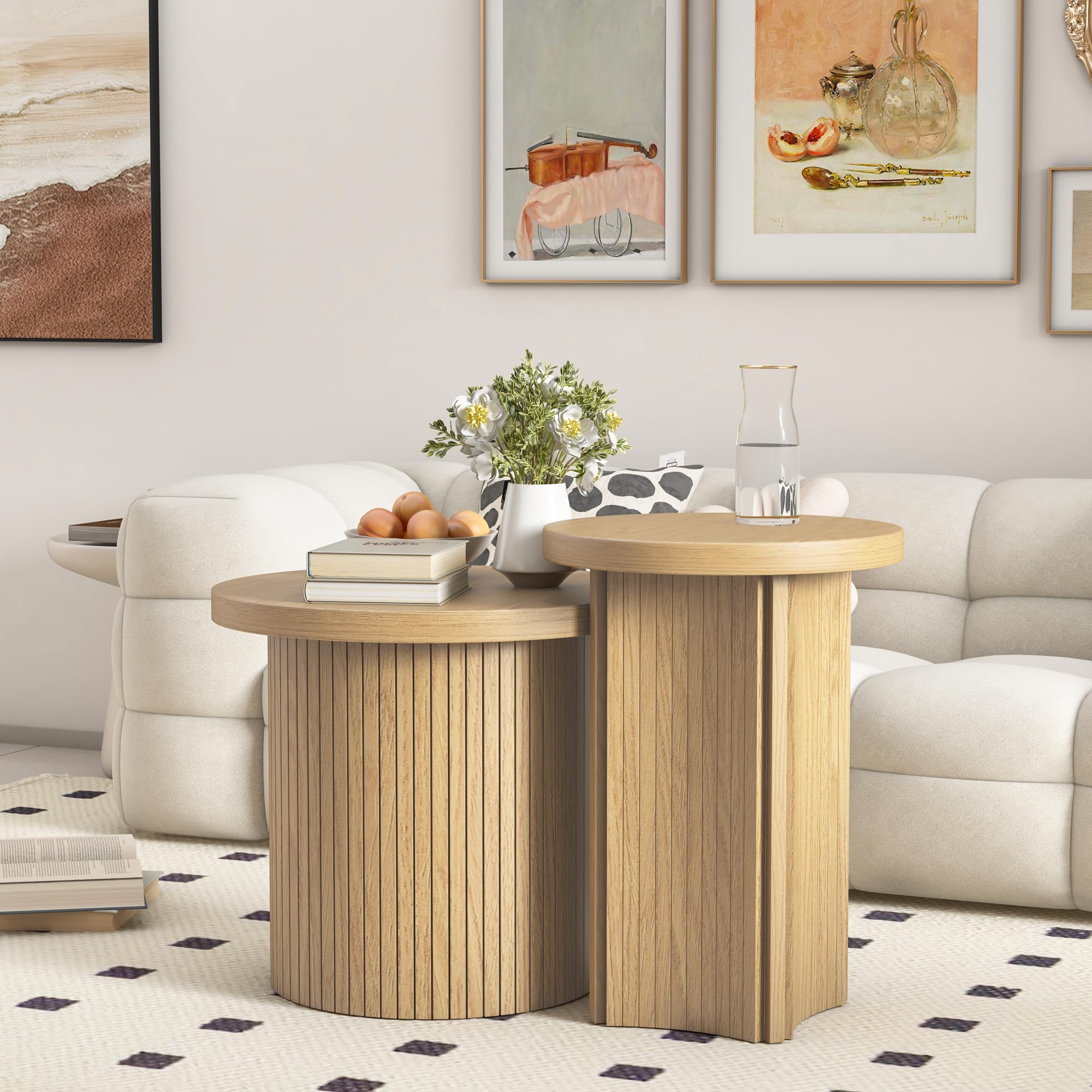 Round Nesting Coffee Table Set of 2 - Wood Finish Stackable Side Tables for Living Room & Bedroom - Rustic Modern Sofa Tables (Small Size) - Perfect for Small Spaces, Apartments and Cozy Home Decor