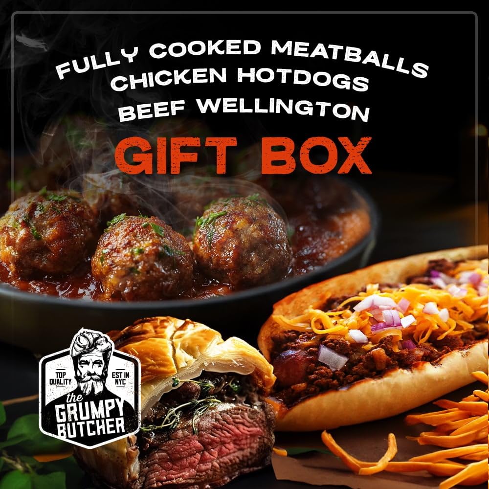 Grumpy Butcher Duke Treat - 12 Mini Beef Wellingtons, 20 Artisan Meatballs & 6 Large Chicken Hot Dogs - Premium Meat Gift Box for Holidays, Parties & Gourmet Food Lovers | Perfect for Christmas Gifts, Corporate Events & Family Gatherings