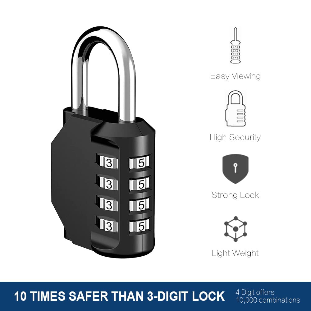 2 Pack Resettable 4-Digit Combination Padlock - Keyless, Waterproof & Durable Black Combo Lock for Gym Lockers, School Lockers, Doors, Tool Boxes, Storage Cabinets, Garden Gates & Outdoor Use