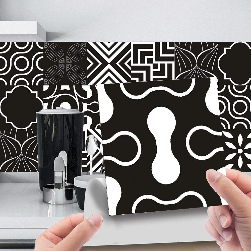 20cm x 20cm Black Art Tile Stickers - 10 Pack Waterproof Kitchen & Bathroom Wall Tile Decals - Peel & Stick Backsplash for Easy Home Renovation - Perfect for DIY Kitchen Upgrades, Bathroom Makeovers & Wall Decor