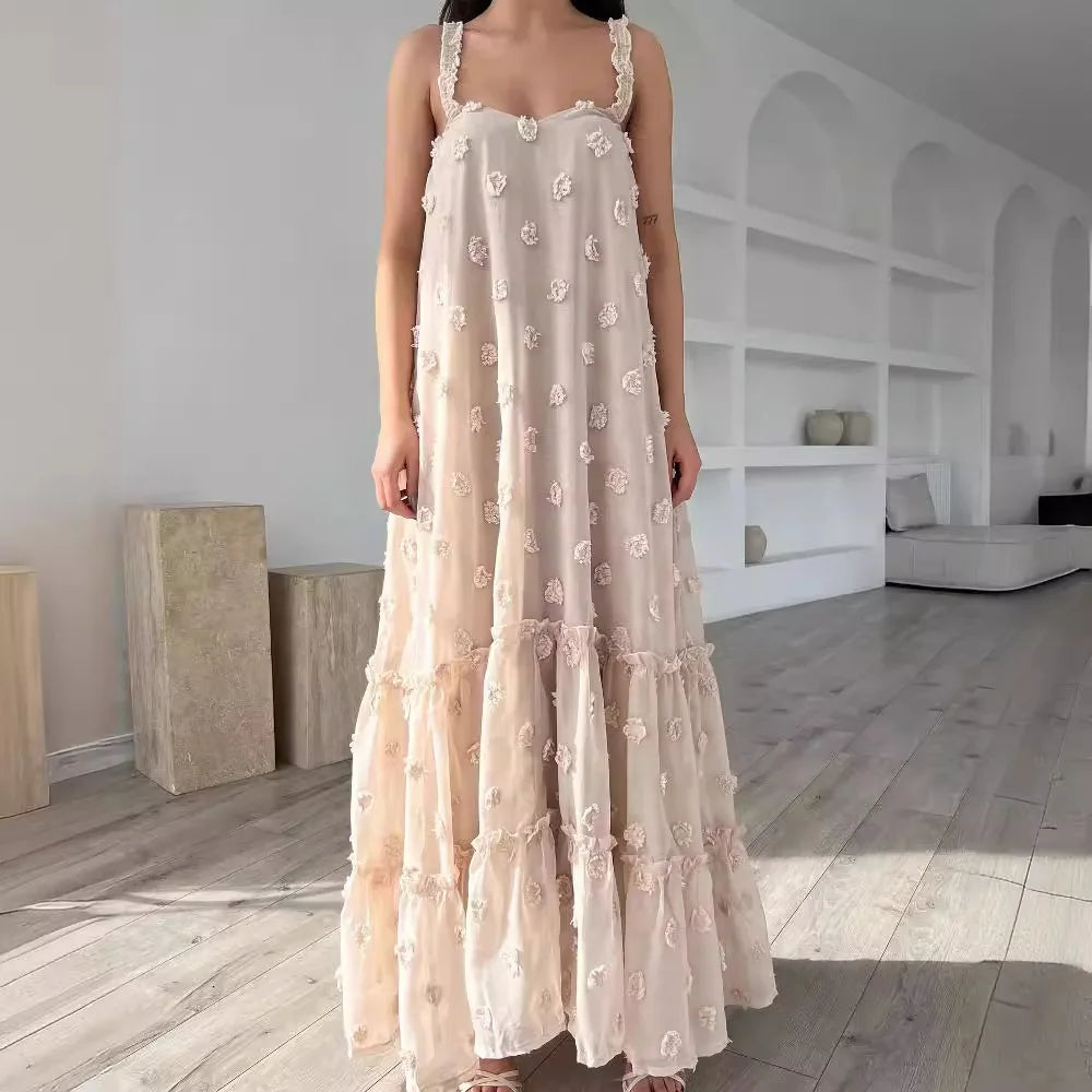Annabelle Jacquard Strap Maxi Dress in Apricot - Elegant Floral Summer Dress for Beach Weddings & Vacation Getaways