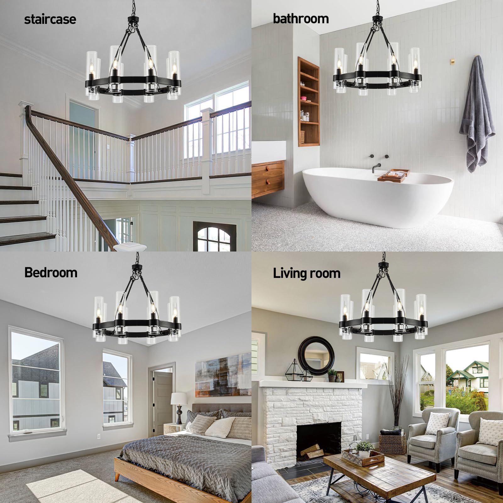 MAYNA 26 Inch Black Wagon Wheel Chandelier with Glass Shade - 8 Light Modern Farmhouse Ceiling Light Fixture for Dining Room, Kitchen, Entryway - Perfect for Rustic Home Decor & Country Style Interiors