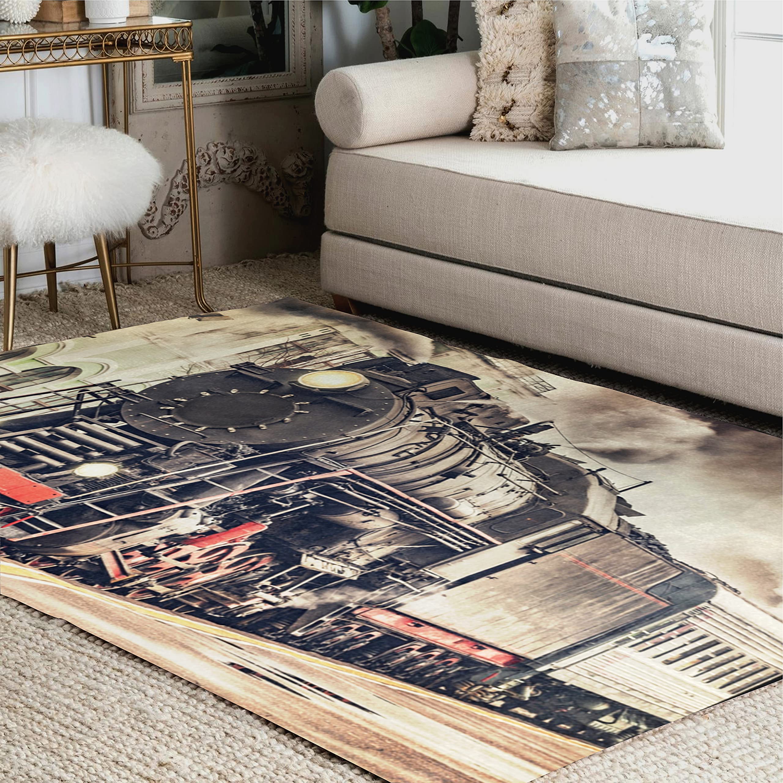 Vintage Steam Train Area Rug - 7x5 Feet Soft Non-Slip Carpet for Living Room, Bedroom & Nursery - Perfect for Home Decor, Kids Playroom & Cozy Reading Nook