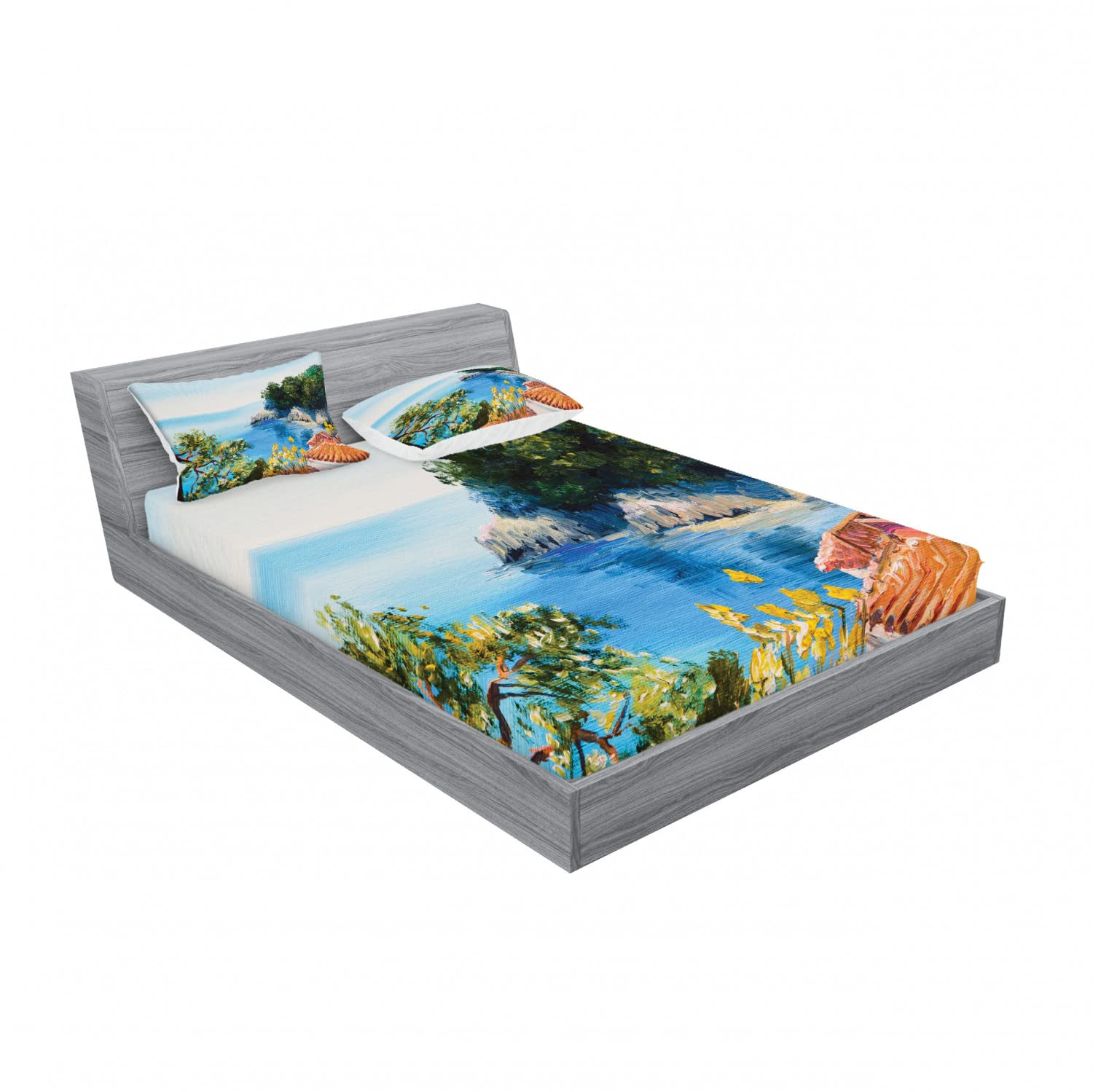 Ambesonne 2-Piece Queen Size Fitted Sheet Set with 4 Pillow Shams - Mediterranean Scenery Blue Green Orange Floral Pattern Bedding - Perfect for Guest Rooms, Vacation Homes & Coastal Themed Bedrooms