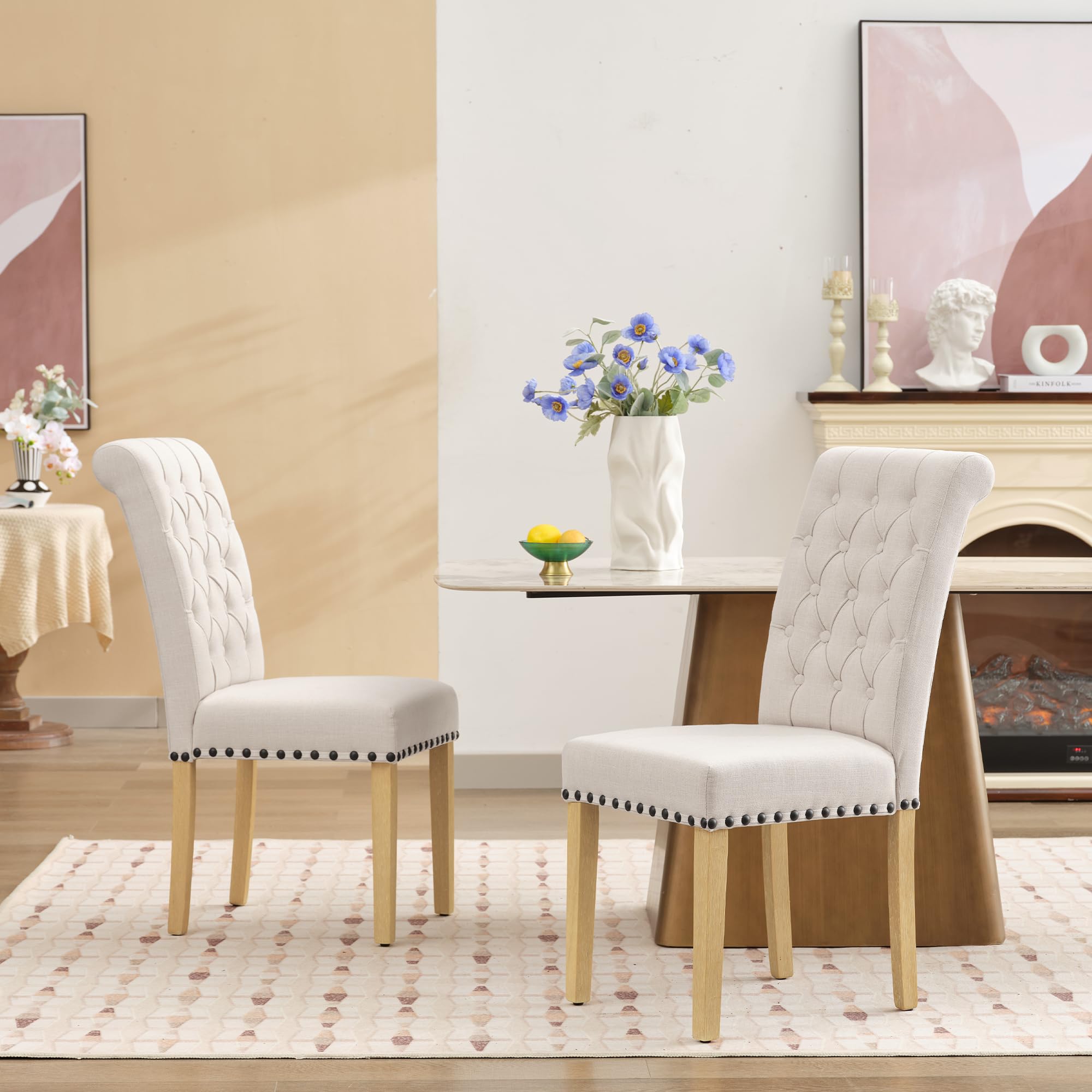 Modern Linen Fabric Dining Chairs Set of 2 - Elegant Parson Chairs with Nailhead Trim & Button Tufting, Solid Wood Legs for Dining Room & Living Room - Beige Home Decor for Elegant Entertaining & Cozy Family Gatherings