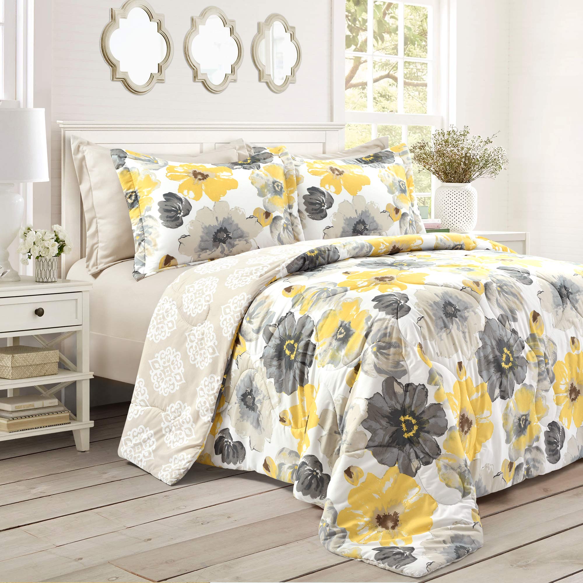 Lush Decor Leah Reversible 6-Piece Comforter Set Full/Queen - Yellow & Gray Watercolor Floral Bedding with Pillowcases & Fitted Sheet | Elegant Bedroom Decor for Master Bedroom, Guest Room or Dorm