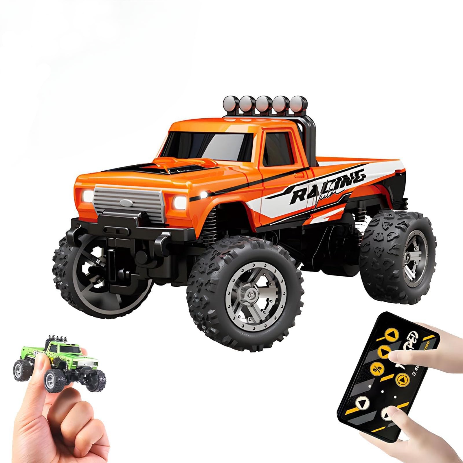 Mini Monster Truck - 2.4Ghz Remote Control RC Car Toy, All Terrain Off-Road Vehicle with LED Lights, 20KM/H High Speed (Orange) - Perfect for Kids Outdoor Play, Birthday Gifts & Backyard Racing