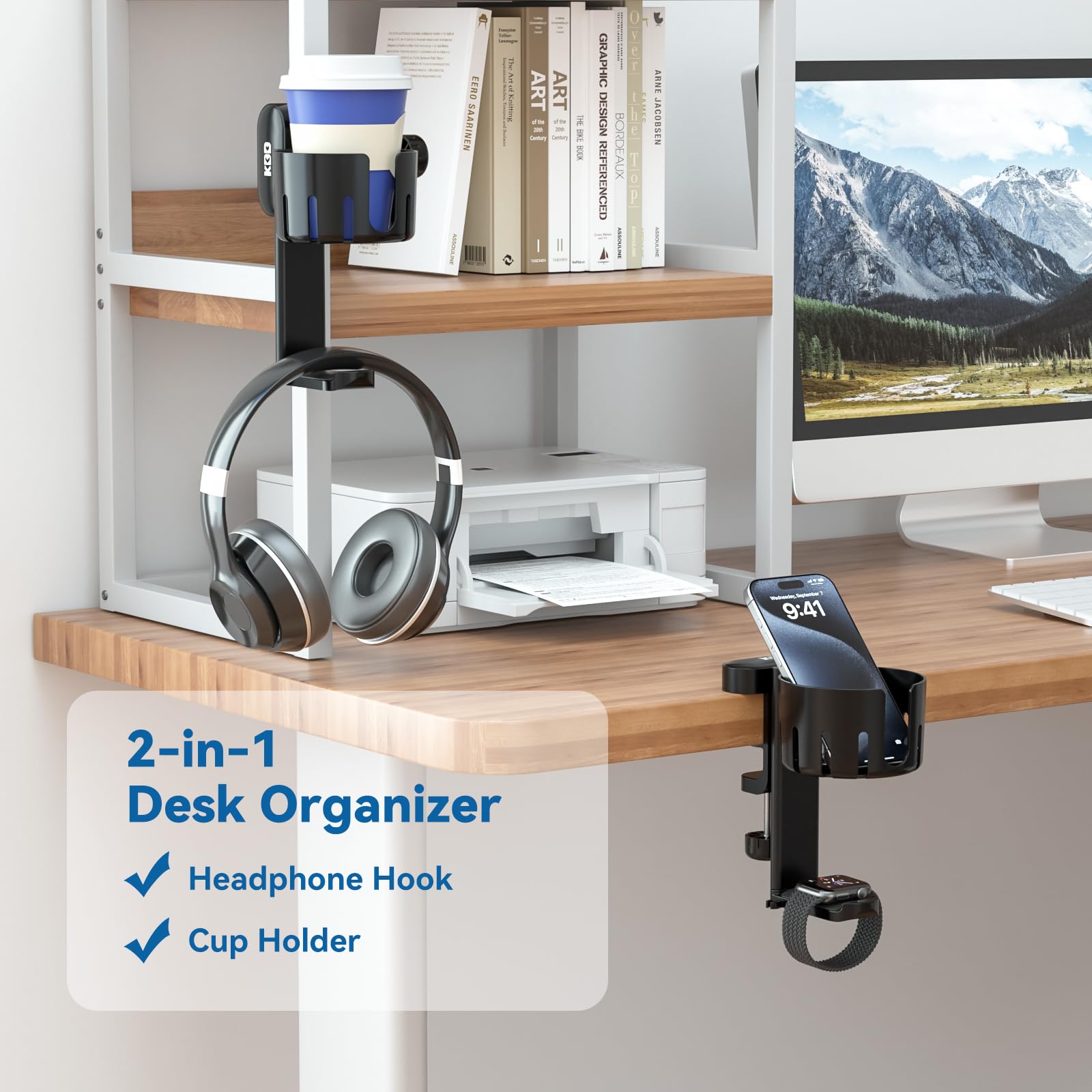 KDD 2-in-1 Rotatable Under Desk Headphone Hanger with Cup Holder - Space Saving Headset Stand for Gaming, Office & Home Use - Holds Coffee Mugs, Water Bottles & Headphones (Black)