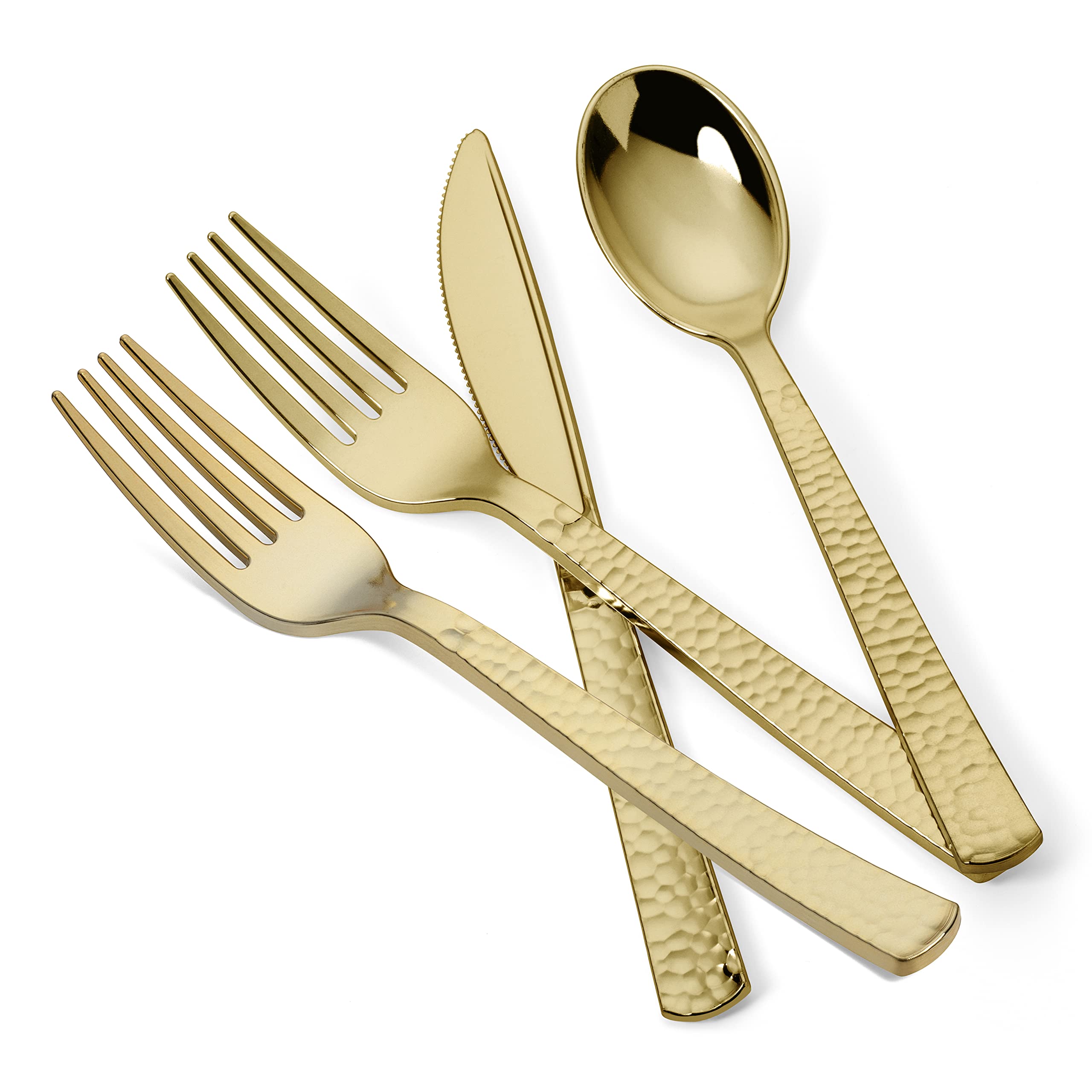 300-Piece Gold Plastic Cutlery Set - Elegant Metallic Silverware with Hammered Finish (75 Spoons, 75 Knives, 150 Forks) - Perfect for Weddings, Parties, and Special Events
