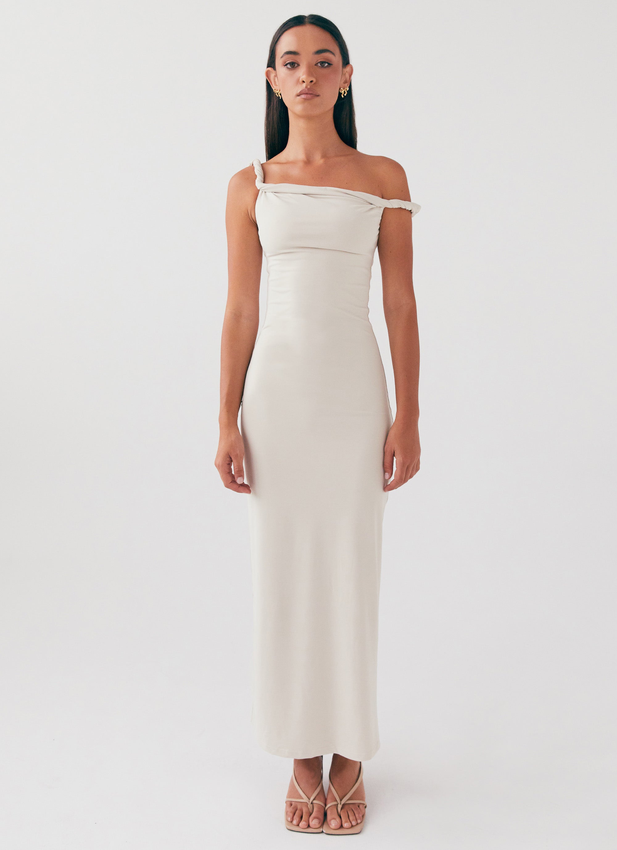 Arabella Twist Shoulder Maxi Dress - Elegant Beige Summer Dress for Women | Perfect for Beach Vacations, Weddings & Evening Parties