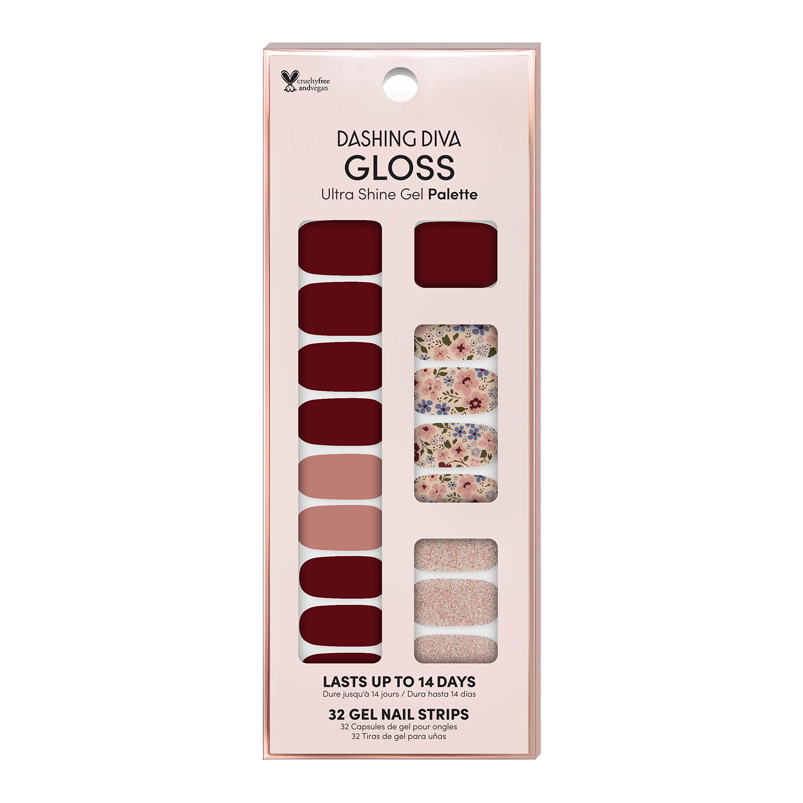 Dashing Diva Gloss Nail Strips - Wild Flower Floral Design | 32 UV-Free Long Lasting Nail Wraps with Pink Accent Nails | Includes Prep Pad & Nail File | Perfect for Home Manicures, Parties, and Special Occasions