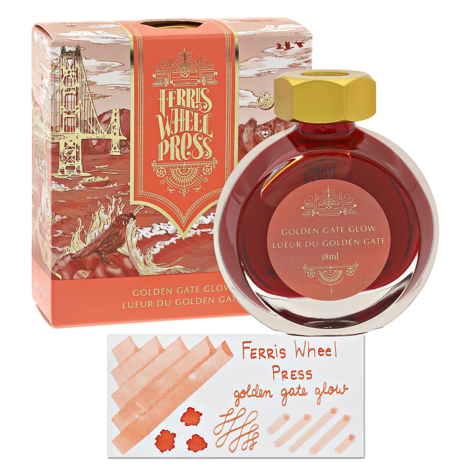 Ferris Wheel Press Golden Gate Glow Fountain Pen Ink - 38mL Bottle for Calligraphy, Journaling & Artistic Writing - Vibrant Shimmering Ink for Dip Pens & Fine Nibs