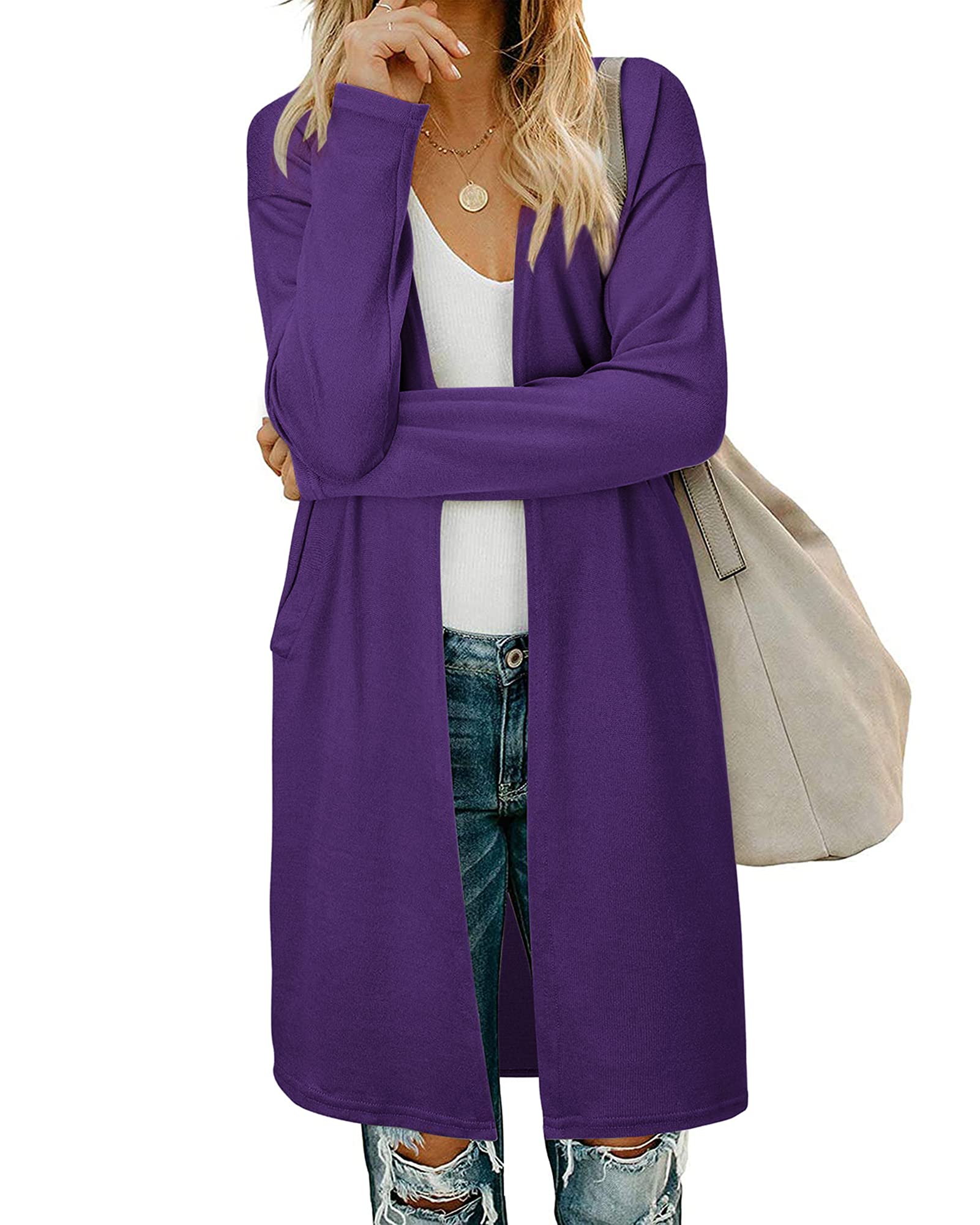 AUSELILY Women's Lightweight Open Front Cardigan Sweater with Pockets - Long Sleeve Casual Knit Cardigan for Women - Perfect for Office, Lounge & Fall Layering
