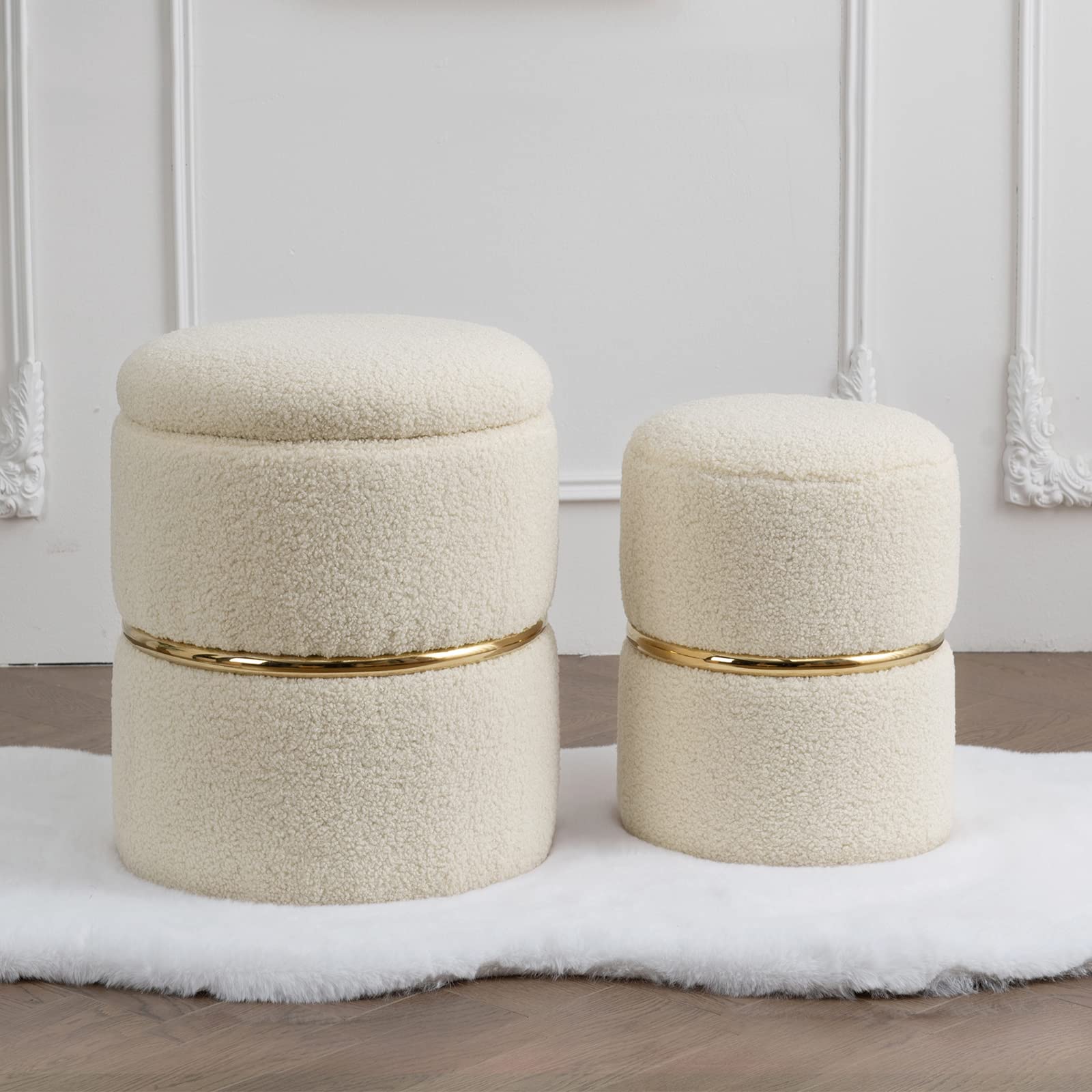 Luxury Faux Fur Round Storage Ottoman with Gold Metal Hoop - Upholstered Vanity Stool & Foot Rest for Living Room, Bedroom, Dining Room - Pack of 2 | Perfect for Home Decor, Extra Seating & Hidden Storage