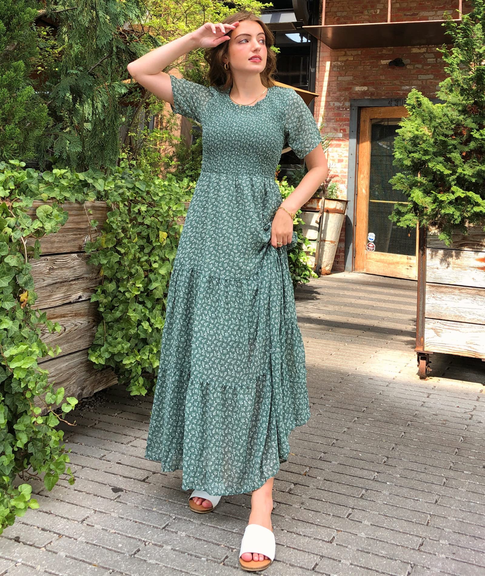 BTFBM Women's Bohemian Floral Print Short Sleeve Maxi Dress - Casual Summer Tiered Cocktail Dress with Crew Neck & Flowy Design | Perfect for Beach Vacations, Garden Parties & Date Nights