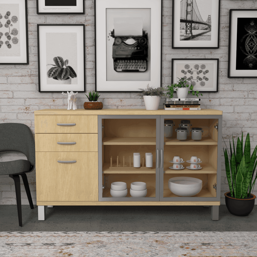 Lucetta Solid Maple Wood Buffet Hutch - 1.5m Wide Rustic Dining Room Storage Cabinet for China Display, Kitchen Organization & Home Decor