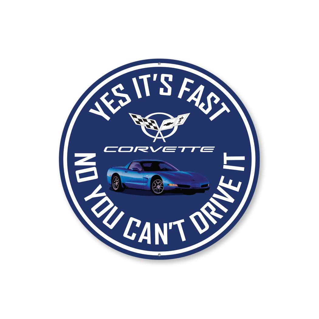 C5 Corvette Fast Car Sign - 36-Inch Round Metal Wall Art for Garage, Man Cave & Auto Shop Decor