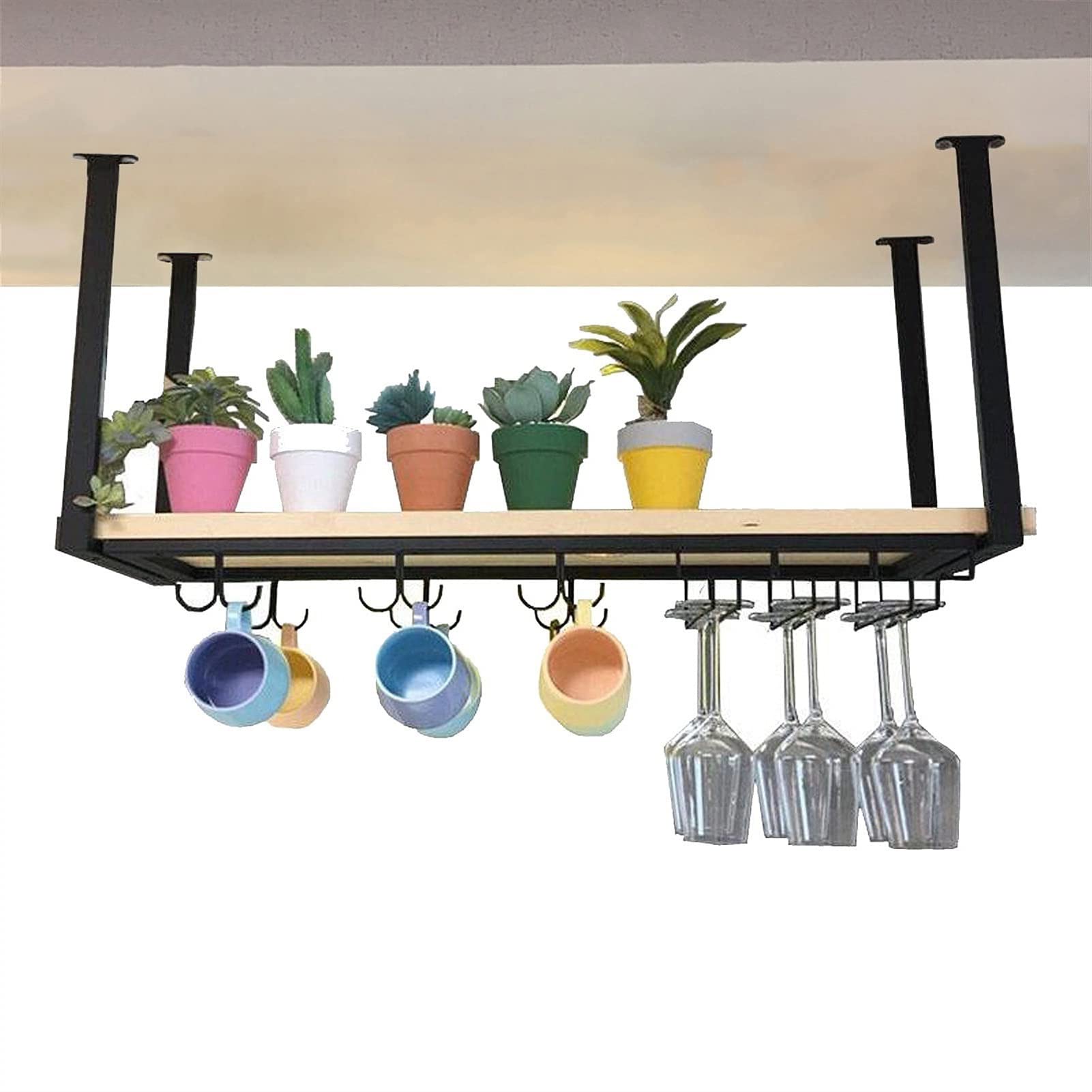 Wrought Iron Ceiling Wine Glass Rack & Hanging Plant Stand - Wall Mount Floating Storage for Kitchen, Bar - Dual Function Upside Down Wine Glass Holder & Plant Hanger - Perfect for Small Space Organization & Home Decor