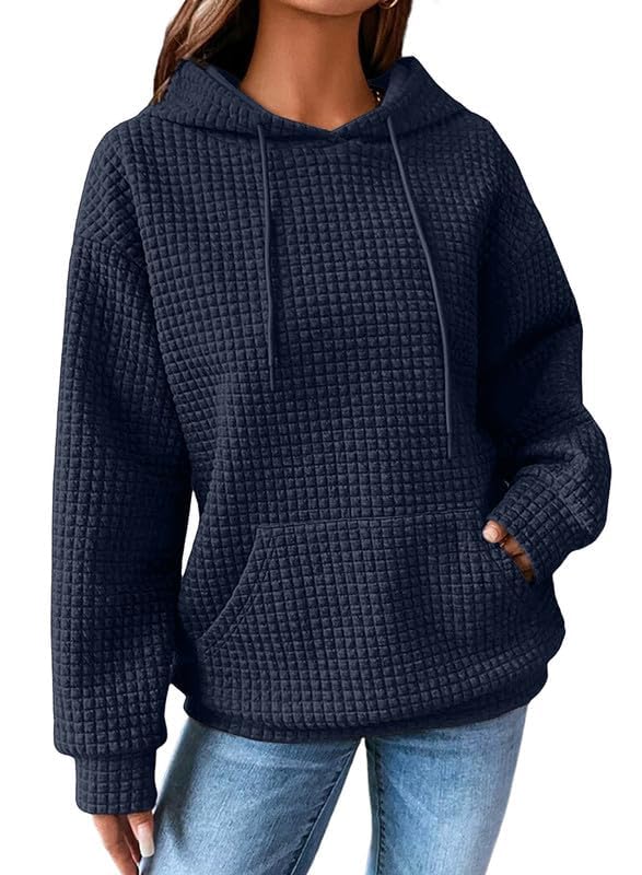 SHEWIN Women's Casual Long Sleeve Waffle Pullover Hoodie - Loose Fit Drawstring Hooded Sweatshirt with Pocket | Cozy Fall Outfits, Lounge Wear & Street Style Fashion