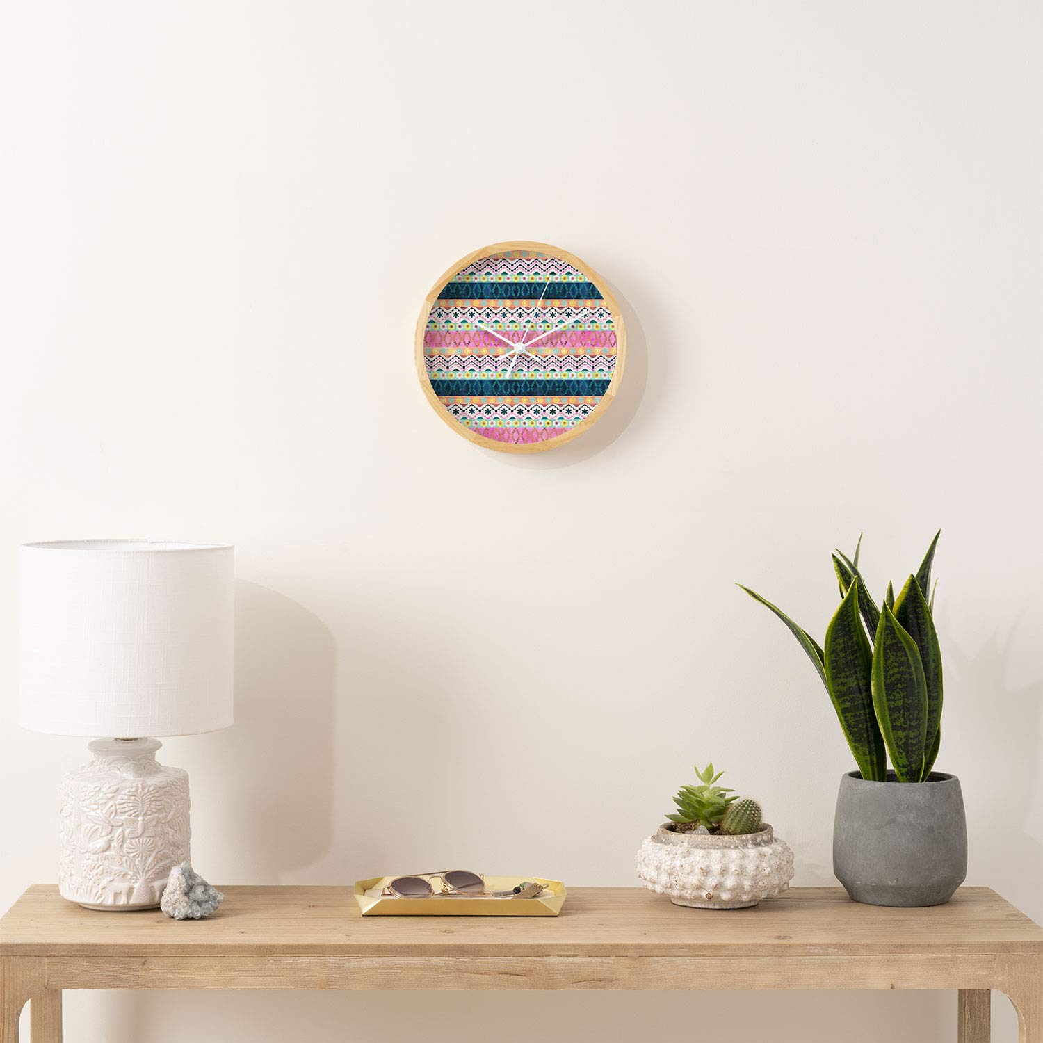 Deny Designs Schatzi Brown Wall Clock - Natural Wood Frame, White Hands, Aviana Boho Style - Perfect for Living Room, Bedroom, or Office Decor