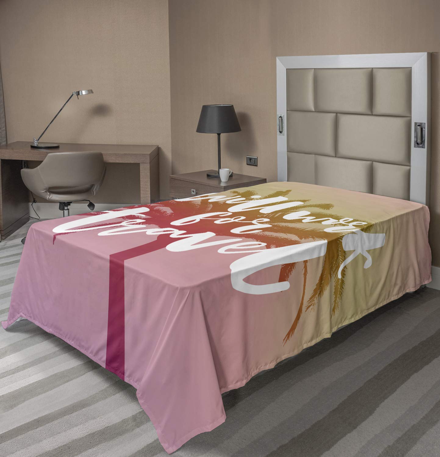 Ambesonne Funny Words Twin Size Flat Sheet - Tropical Palm Tree & Summer Travel Adventure Design, Soft & Comfortable Decorative Bedding (1 Piece, Multicolor) - Perfect for Beach Themed Bedrooms, Vacation Homes & Summer Decor