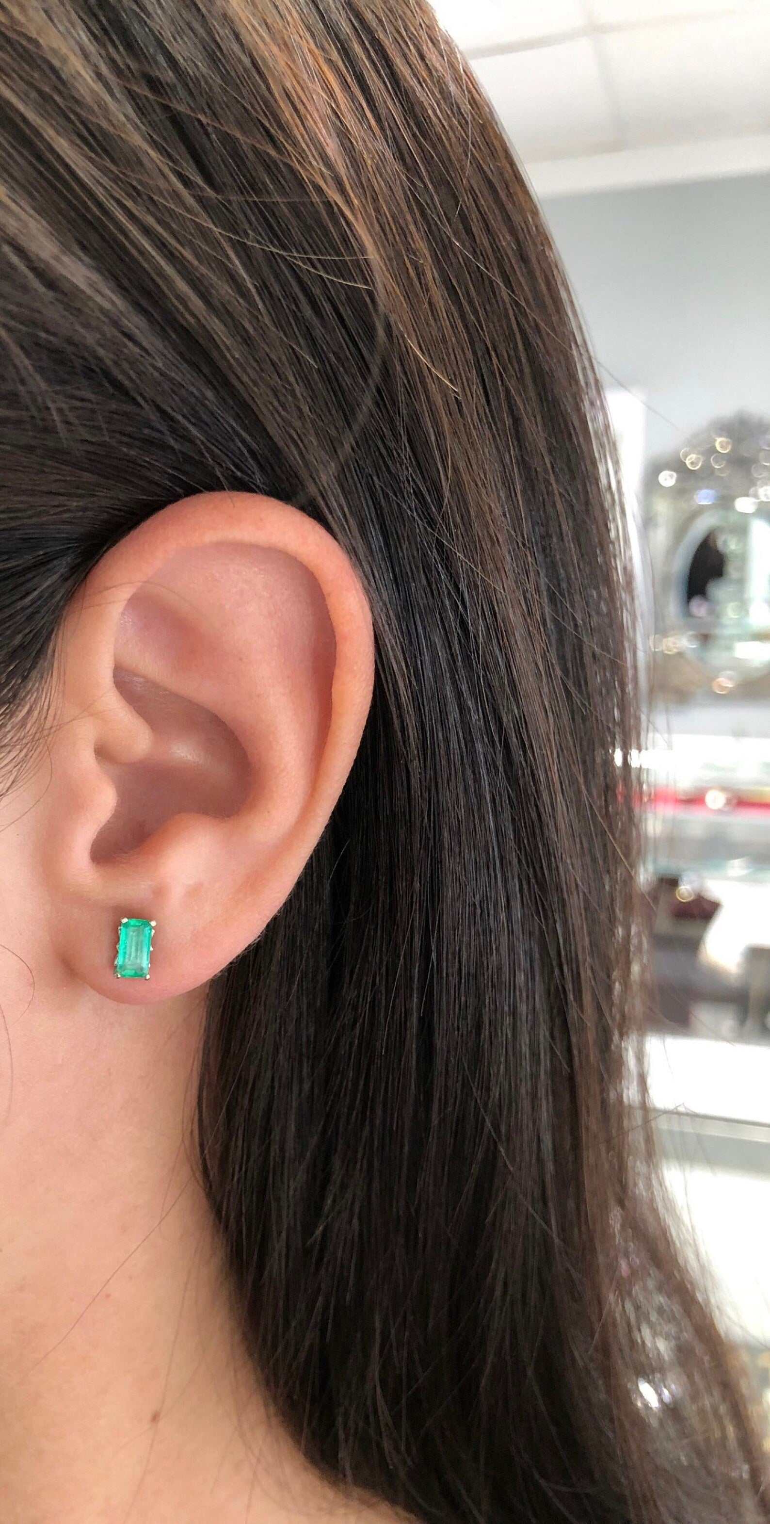 1.10tcw Elongated Vibrant Green Colombian Emerald Fleur De Lis Stud Earrings in 14K Gold - Perfect for Weddings, Parties & Special Occasions