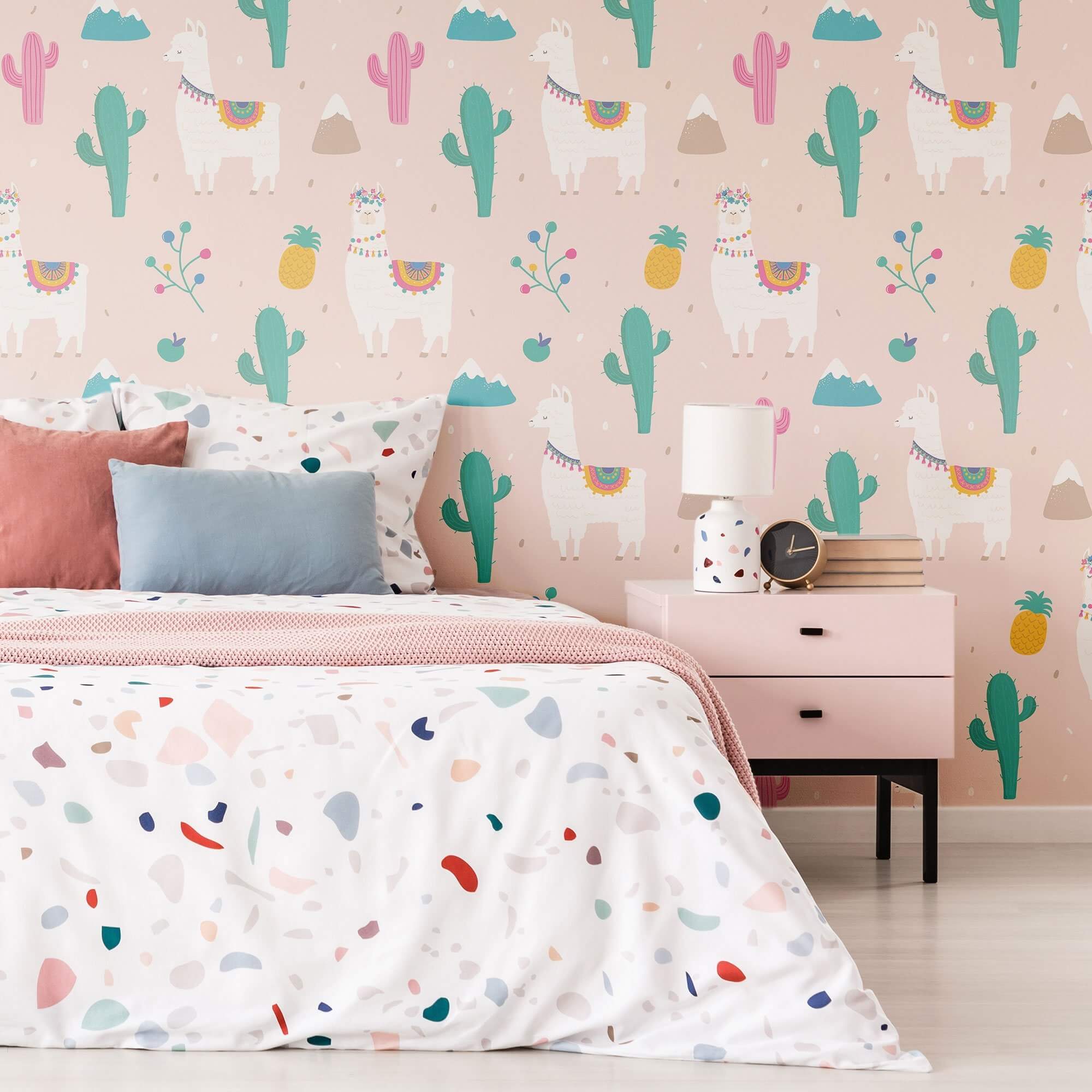 Pink Llama Themed Peel and Stick Removable Wallpaper - Self-Adhesive Decorative Wall Covering for Kids Room, Nursery, Dorm & Home Decor