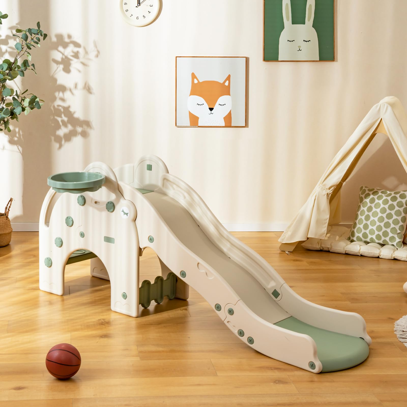 BABY JOY Elephant Shape Toddler Slide with Basketball Hoop - Large Indoor Play Slide for Kids 18+ Months - Non-Slip Steps & Safety Buffer Zone - Perfect Gift for Boys & Girls - Great for Playrooms, Daycares & Backyards