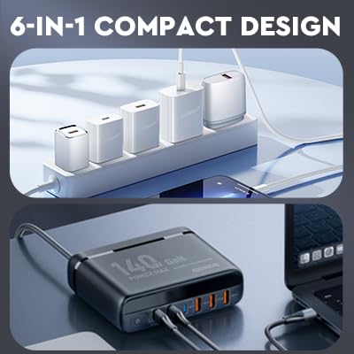 140W GaN USB C Fast Charger Block - 6 Port USB Charging Station Hub with 100W PD for Laptop - Compatible with MacBook Pro/Air, iPad, iPhone 16/15, Steam Deck, Dell XPS, Samsung Galaxy - Perfect for Travel, Office & Home Charging Needs