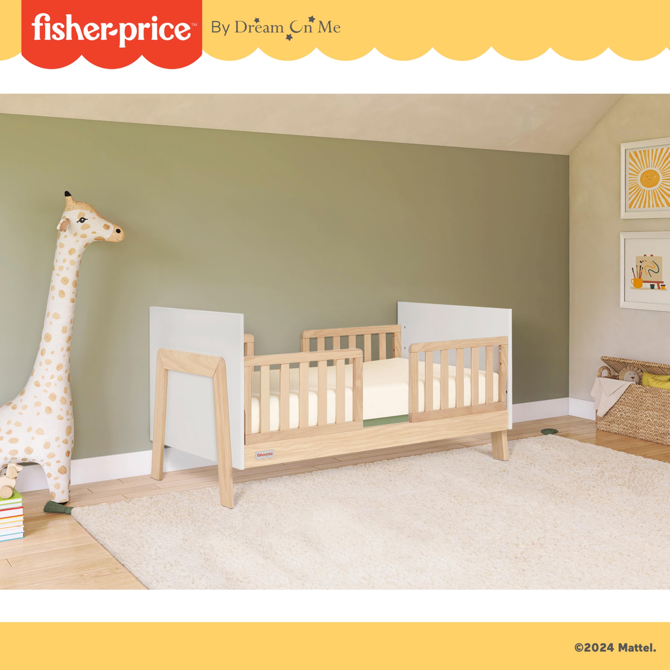 Dream On Me Fisher-Price Iris 4-in-1 Convertible Crib - Greenguard Gold & JPMA Certified Baby Crib | Converts to Day Bed, Toddler Bed & Full Size Bed | Safe Nursery Furniture for Newborns & Growing Kids | Perfect for Baby Rooms, Daycares & Family Homes