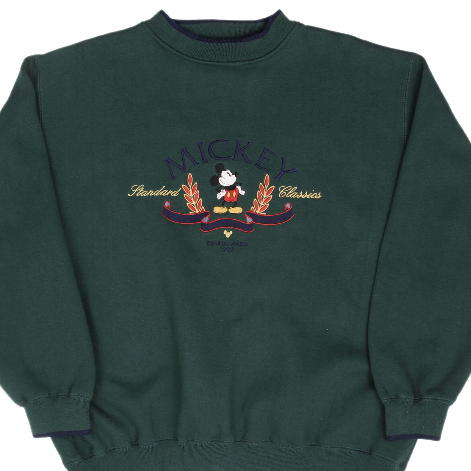 Vintage Disney Mickey Mouse Embroidered 1990s Pine Green Sweatshirt Size XL - Retro Disney Apparel for Collectors & Fans - Perfect for Casual Wear, Gift Giving & Disney Themed Parties