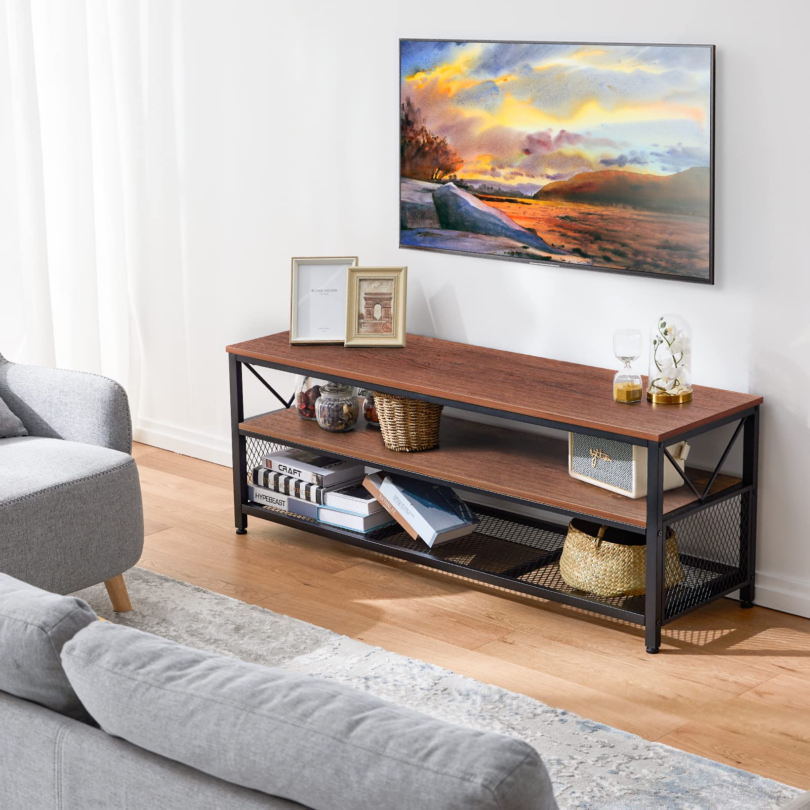 NOBLEWELL 60 Inch TV Stand with Storage - 3-Tier Wooden Entertainment Center & Media Console for Living Room, Bedroom, Home Theater - Fits Flat Screen TVs up to 60