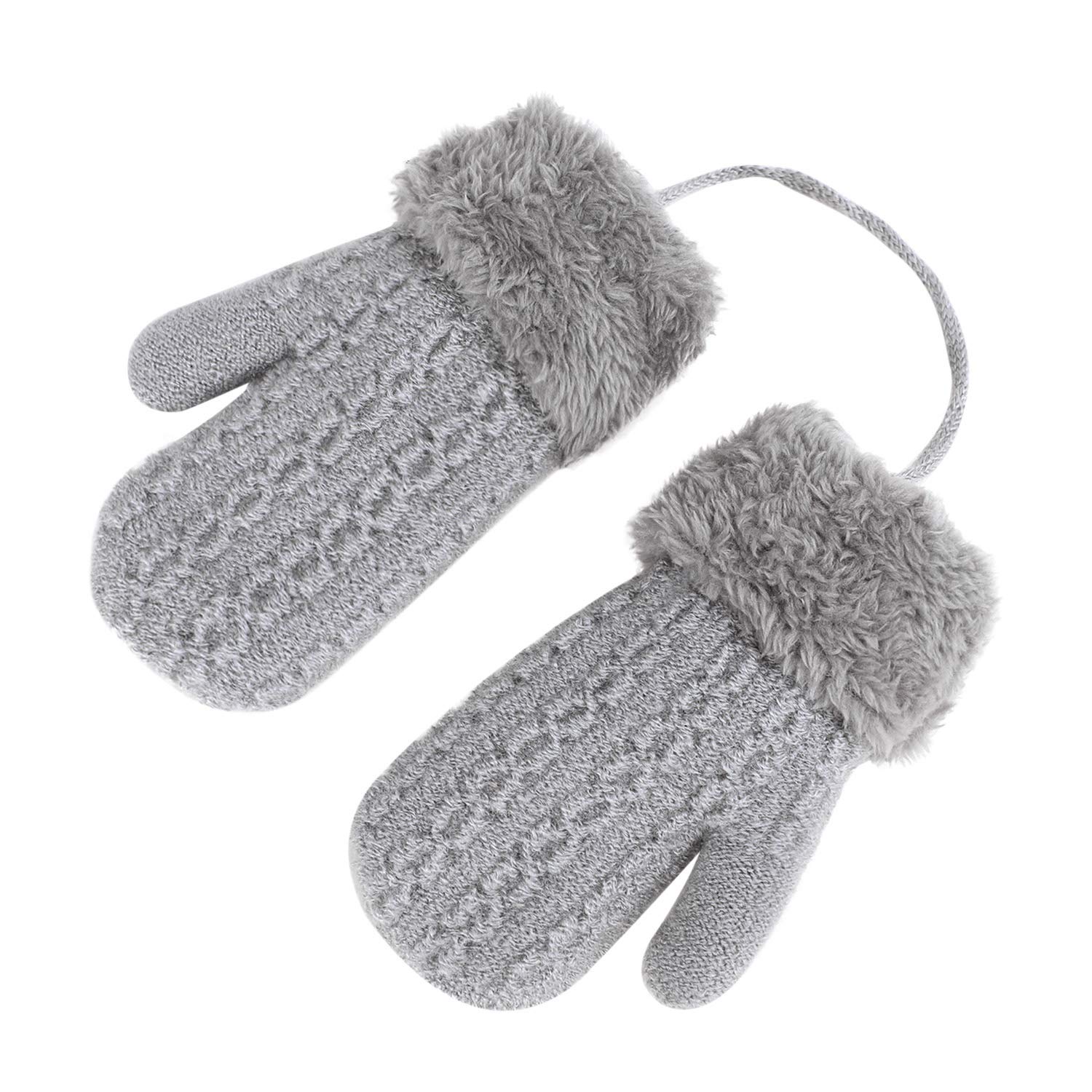 Double Layer Knitted Winter Gloves for Kids - Plush Hanging Neck Mitten with Rope, Thermal Full Finger Wrist Gloves for Toddlers 1-4 Years Old - Warm Hand Protector for Boys & Girls Outdoor Play, Snow Activities, and Christmas Gifts