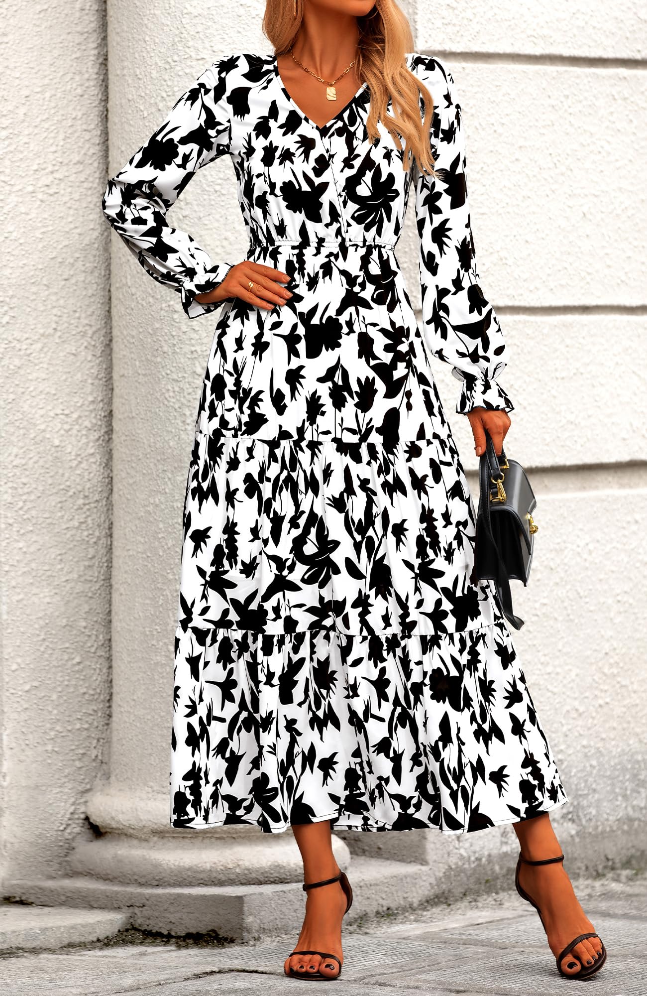 BTFBM Women's Floral Boho Maxi Dress 2025 - Long Sleeve V-Neck Casual Spring Dress for Wedding Guest, Beach Vacation & Date Night