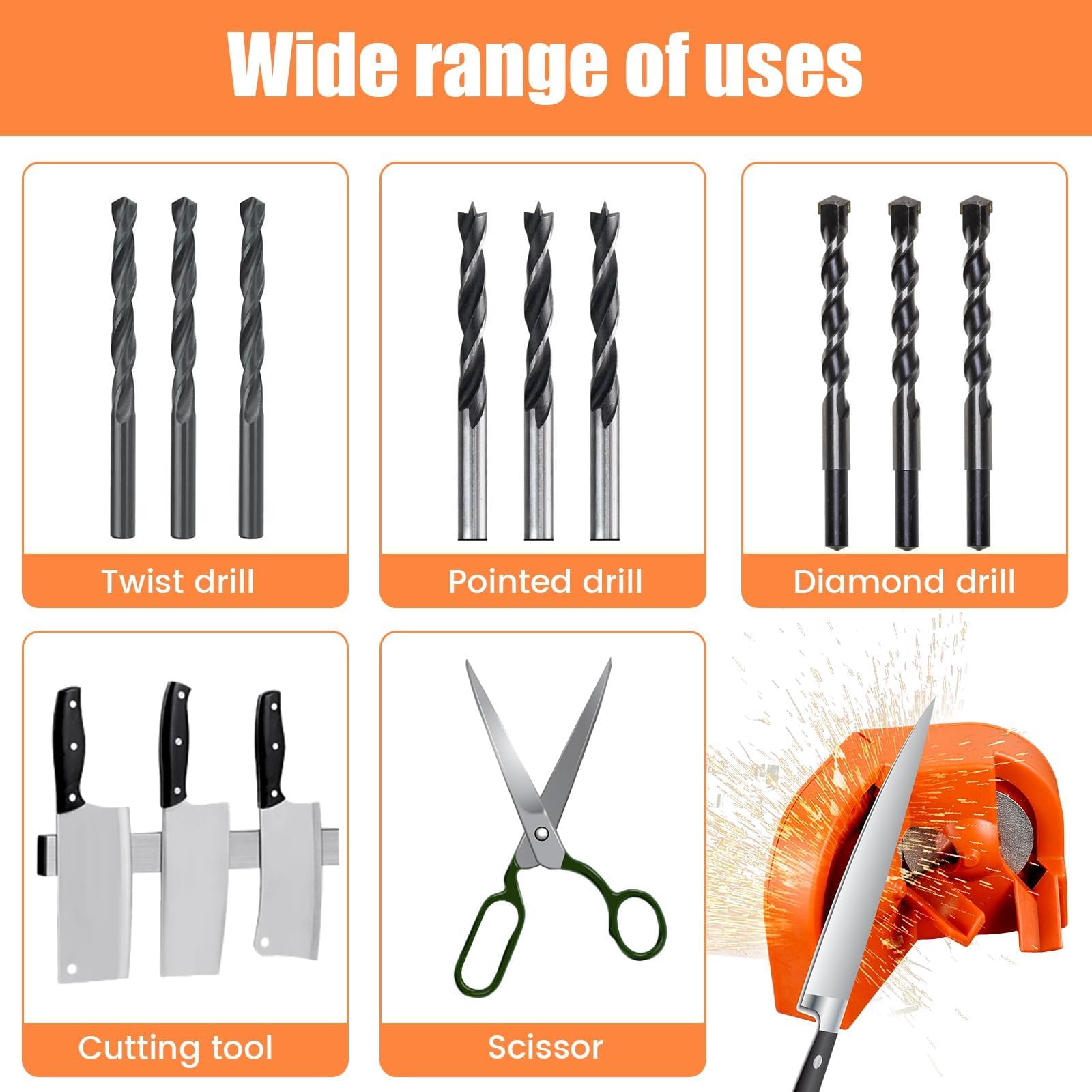 Premium Drill Bit Sharpener for All Bits (5/64''-5/8'') - High-Speed Steel, Masonry, Carbide, Cobalt & Tin-Coated Bits Sharpening Tool - Multipurpose Grinding Accessory for DIY, Woodworking & Metalworking Projects