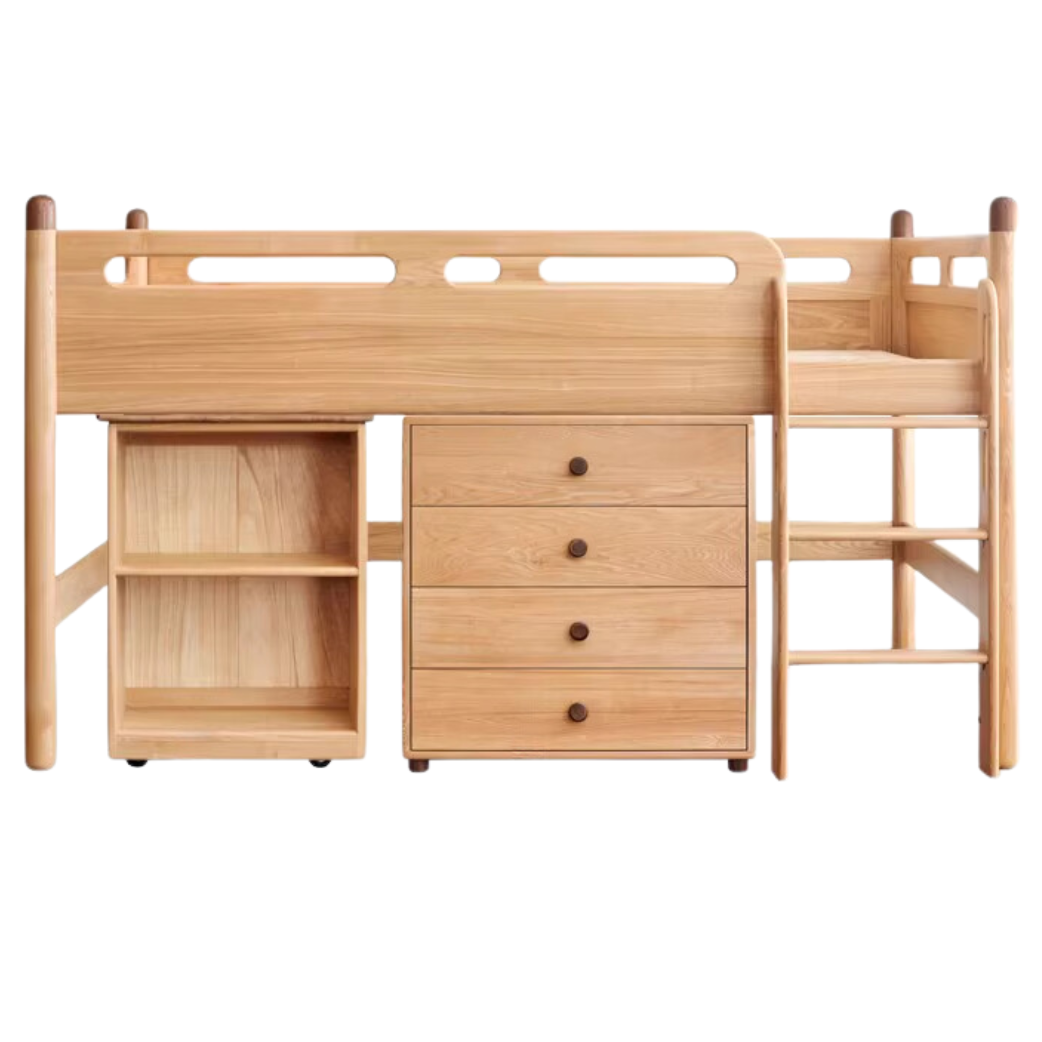 Natural Wood Color Ladder-style oak mid-high bed four-drawer wide chest of drawers1 movable desk1