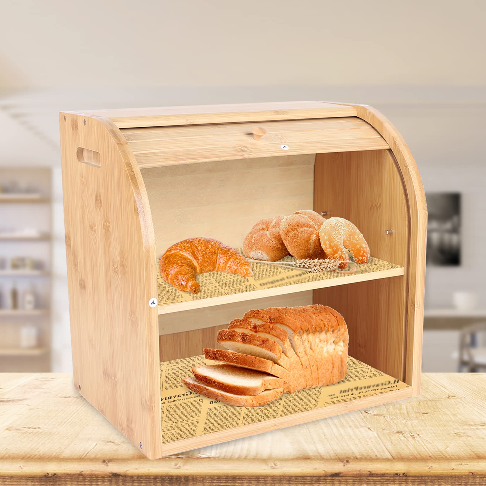 Double Layer Wooden Bread Box with Removable Tray & Arched Door - Large Capacity 2-Tier Bread Storage Container for Kitchen Counter - Perfect for Organizing Bread, Pastries & Baked Goods - Ideal for Home Bakeries, Breakfast Nooks & Farmhouse Style Kitchens