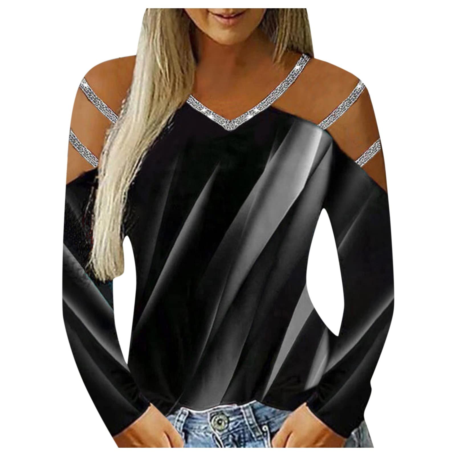 Women's Strappy Cold Shoulder Tops - Casual Loose Fit V-Neck Tee Shirt with Contrast Color | Perfect for Summer Outfits, Beach Wear & Everyday Fashion