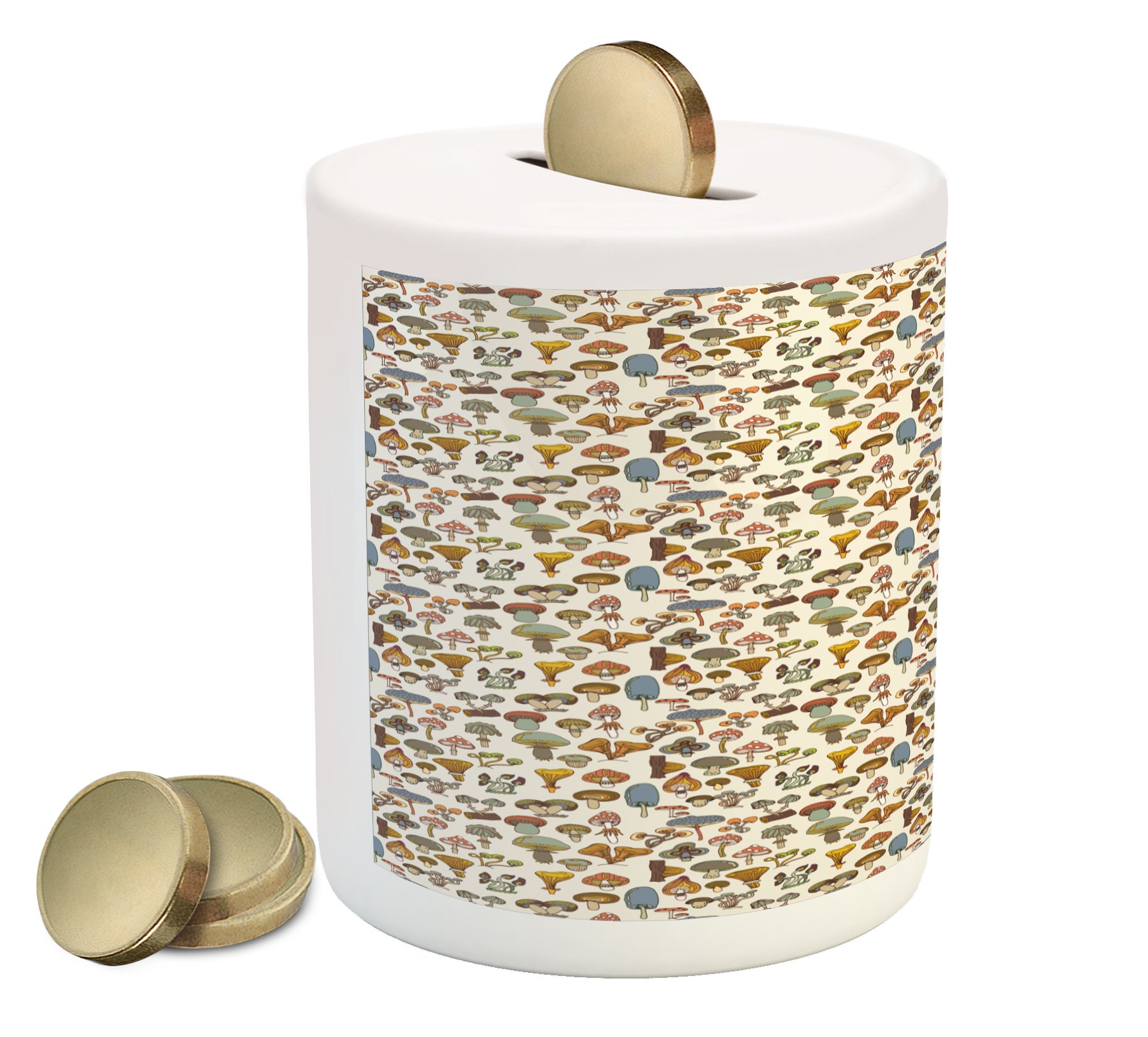 Ambesonne Ceramic Piggy Bank - Colorful Cartoon Mushroom Design, 3.6
