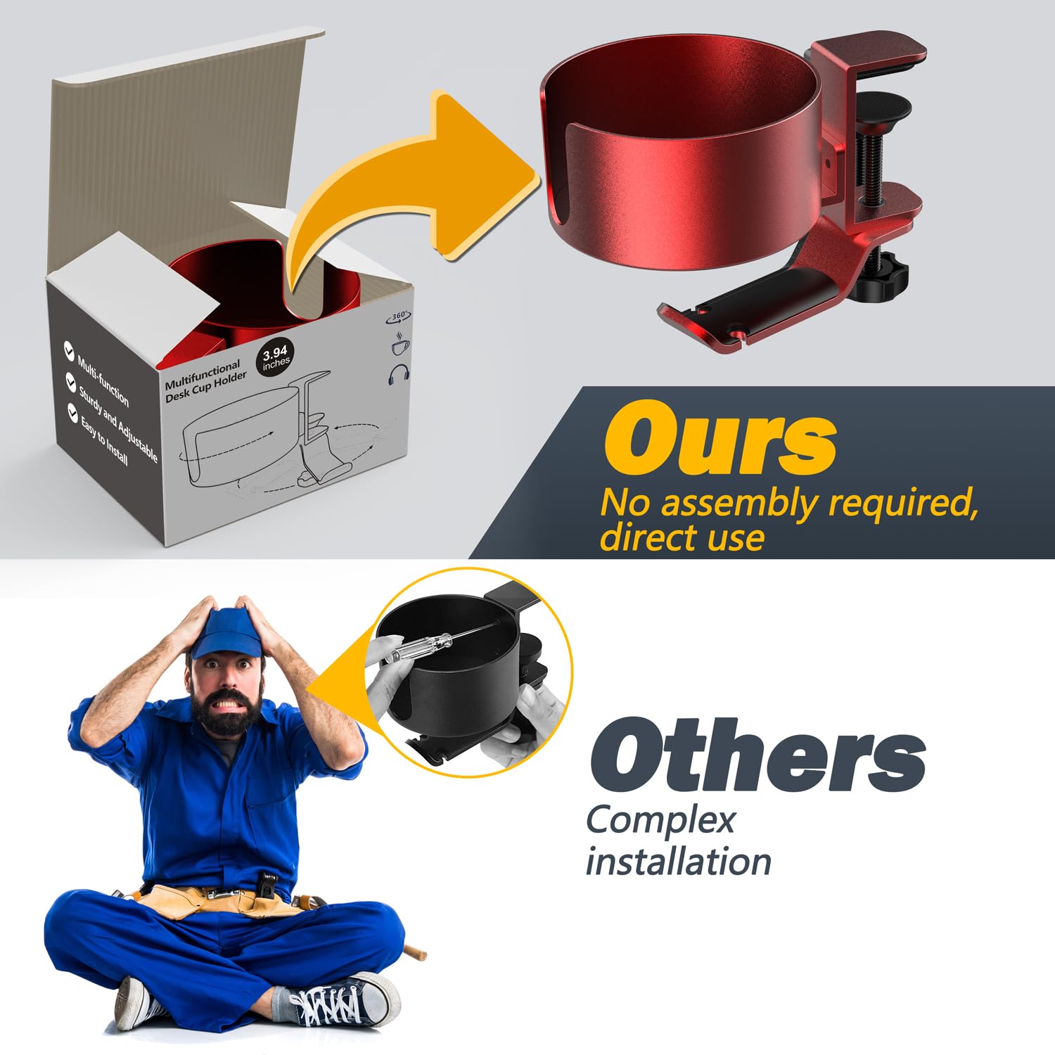 360° Rotating Under Desk Cup Holder & Headphone Hanger - Metal Clamp-on Organizer for Coffee Mugs, Water Bottles, Headsets & Pencils - Anti-Spill Gaming Desk Accessory (Red) - Perfect for Home Office, Gaming Setup & Workspace Organization
