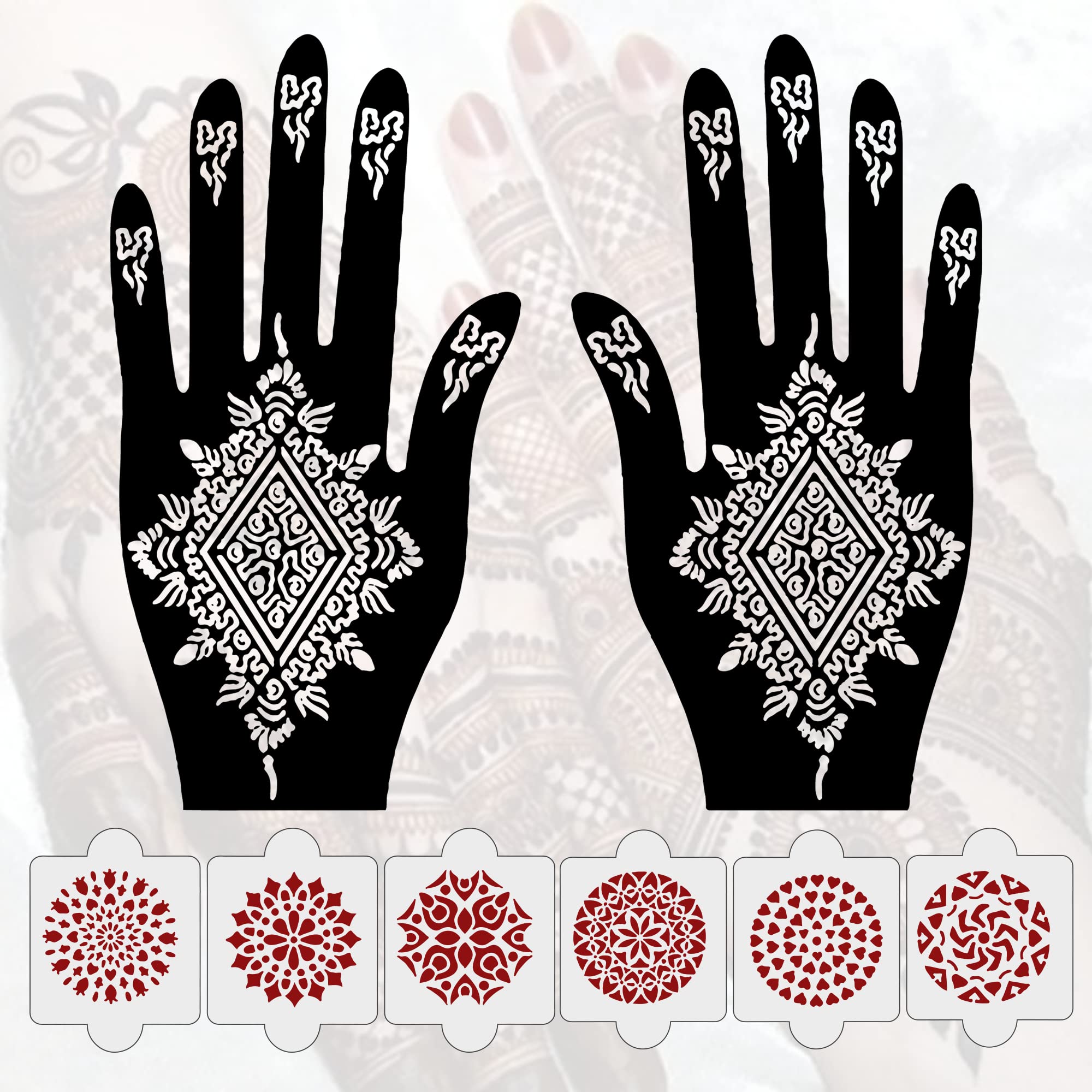 8 Pcs Henna Stencil Tattoo Kit - 2 Temporary Tattoo Stencils + 6 Reusable PVC Mehendi Stickers for Hands - Easy DIY Body Art for Women, Girls & Kids - Perfect for Weddings, Parties & Festivals (NIV-037)