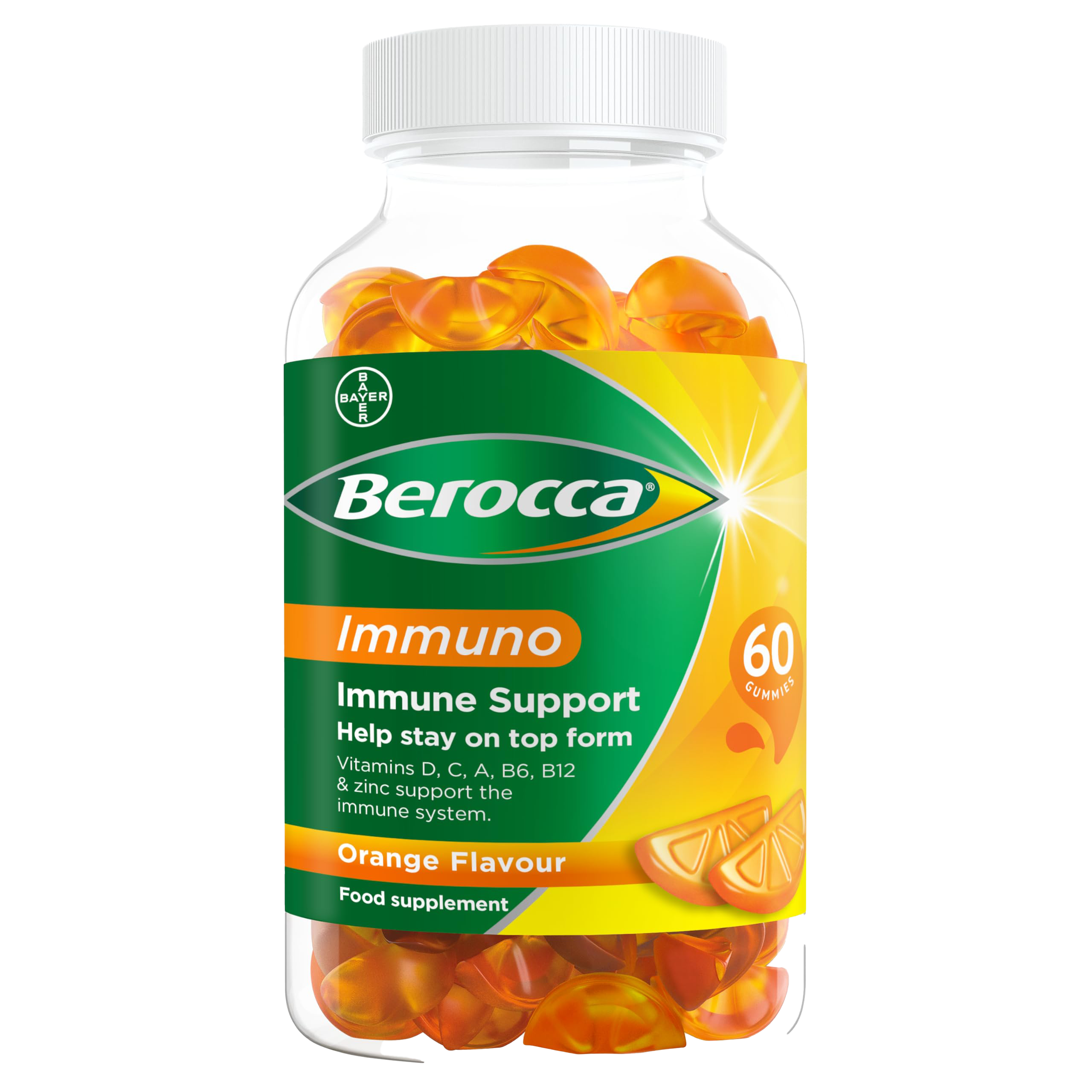 Berocca Immuno 60 Gummies - Orange Flavor Vitamin C & Zinc Supplement for Immune Support - Perfect for Daily Wellness & Travel Protection