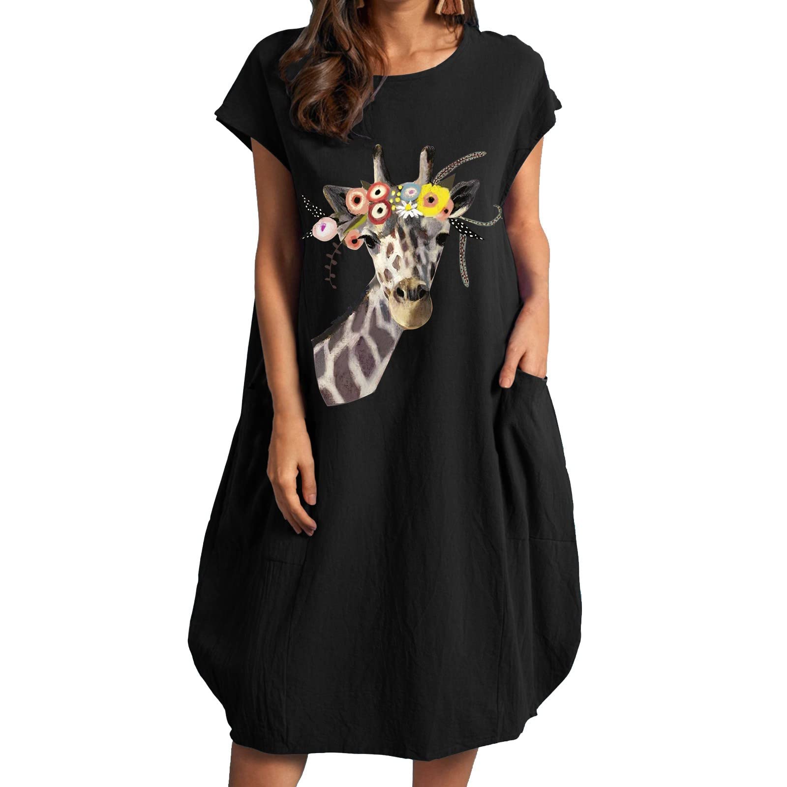Aliturtle Women's Giraffe Print Loose Fit Short Sleeve Summer Dress - Round Neck White Long Dress for Casual Wear, Beach Vacation & Summer Outings