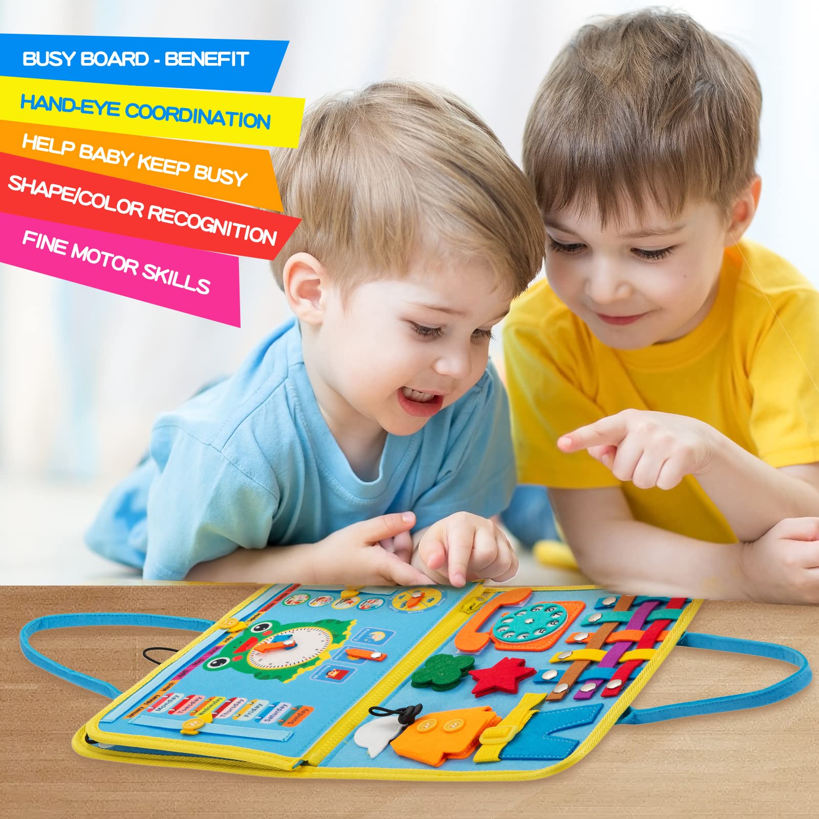 Busy Board for Toddlers 1-4 Years Old - Montessori Sensory Activity Board with Fine Motor Skills Toys | Educational Travel Toy for Boys & Girls (Blue) | Perfect for Airplane, Car Rides & Home Learning