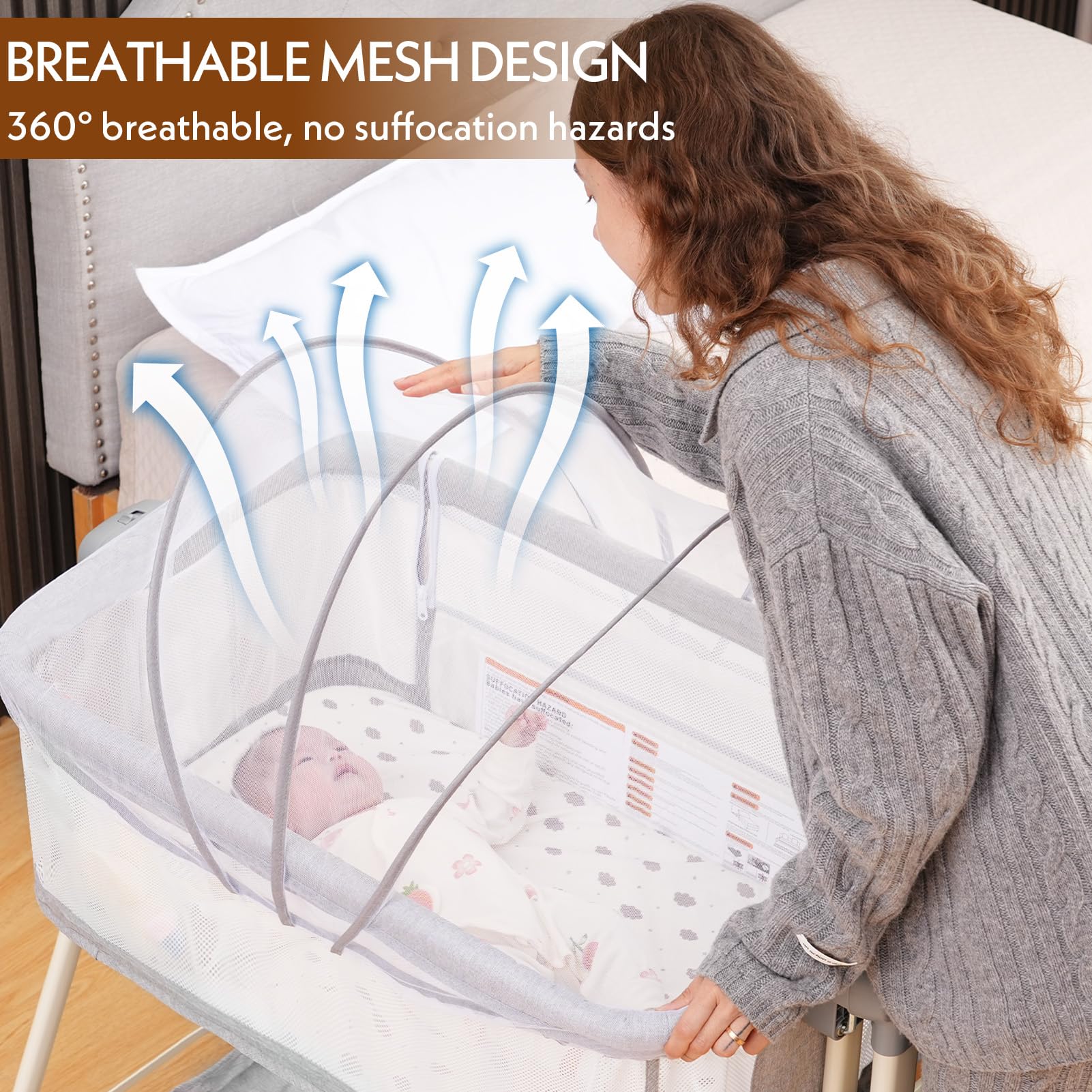 Portable Baby Bassinet with Waterproof Sheet - 3-in-1 Rocking Crib & Adjustable Bedside Sleeper for Newborns (6 Height Settings, Grey) - Perfect for Nursery, Bedroom & Travel Use