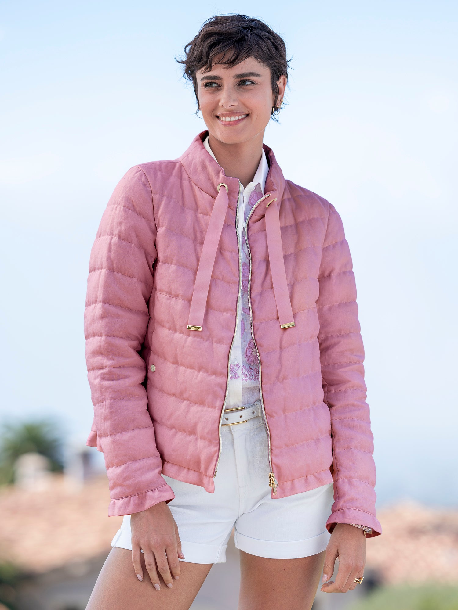 Krista Linen Ruffle Down Jacket for Women - Lightweight Quilted Coat with Ruffled Hem, Perfect for Spring & Fall Fashion Outfits | Office Wear, Date Night, Casual Weekend Looks