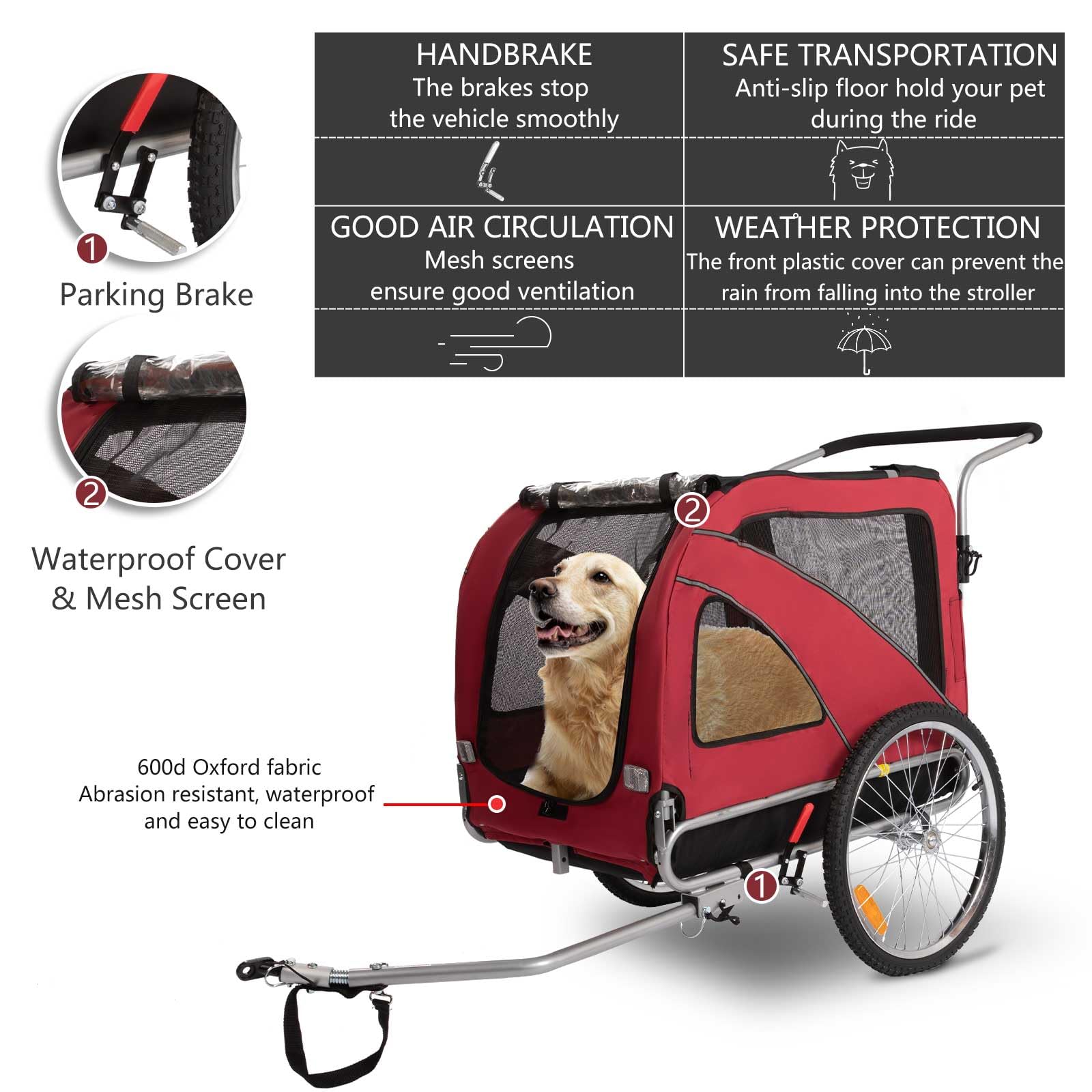 Sepnine 2-in-1 Large Dog Bike Trailer & Pet Stroller - Foldable Frame with Hand Lock Brakes & Universal Bicycle Coupler (Red) - Perfect for Cycling Adventures & Outdoor Walks with Your Dog